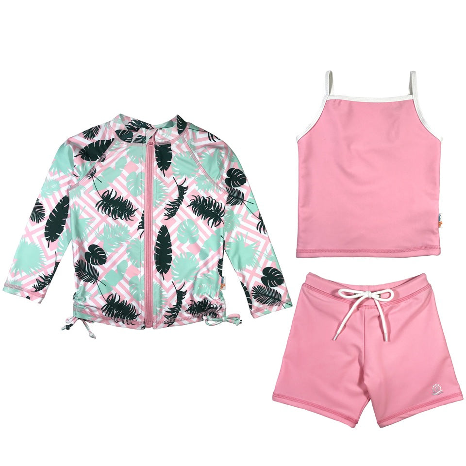 Girls Long Sleeve Rash Guard + Tankini Shorts Set (3 Piece) | "Palm Breeze"-6-12 Month-Palm Breeze-SwimZip UPF 50+ Sun Protective Swimwear & UV Zipper Rash Guards-pos1