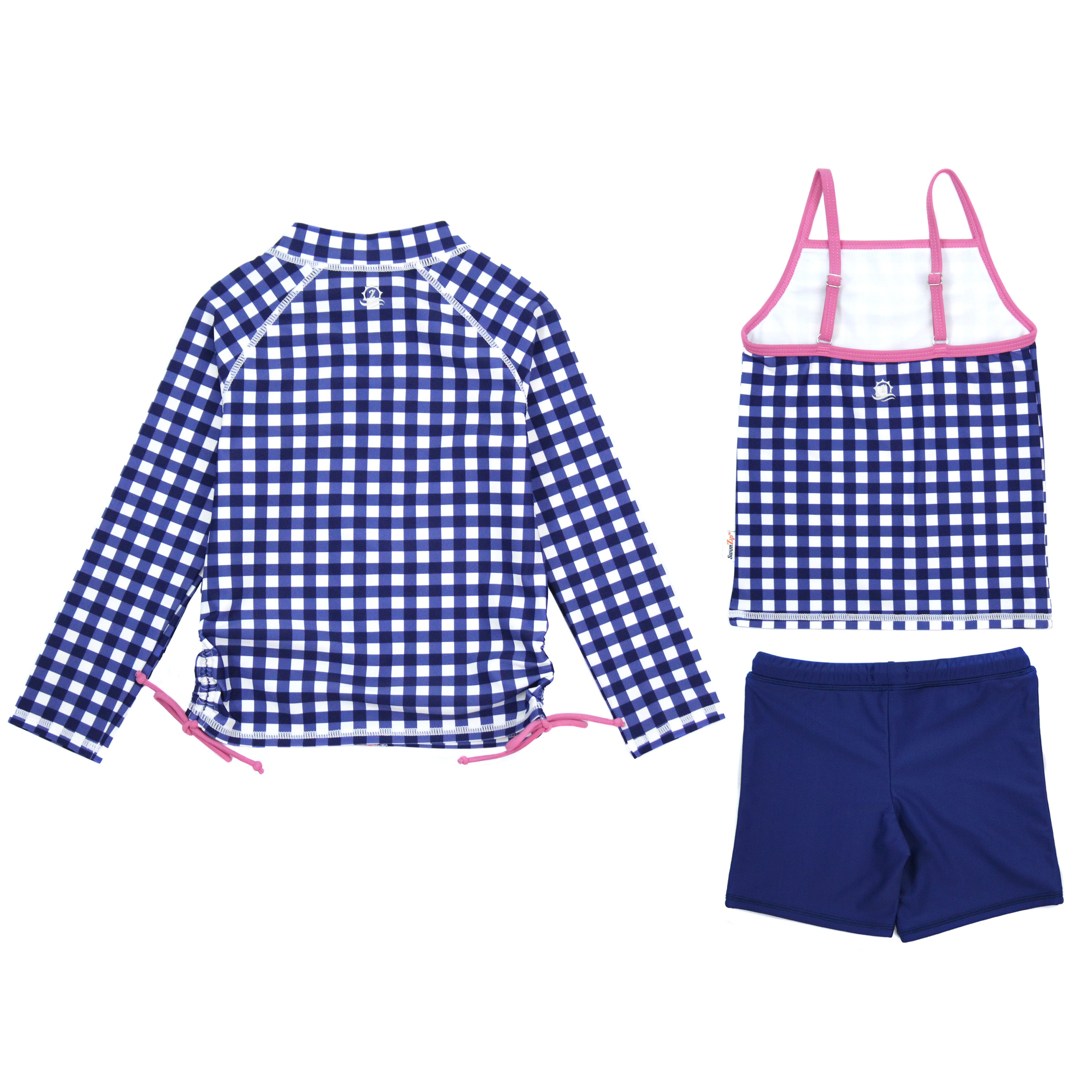 Girls Long Sleeve Rash Guard + Tankini Shorts Set (3 Piece) | "Navy Gingham"-SwimZip UPF 50+ Sun Protective Swimwear & UV Zipper Rash Guards-pos3