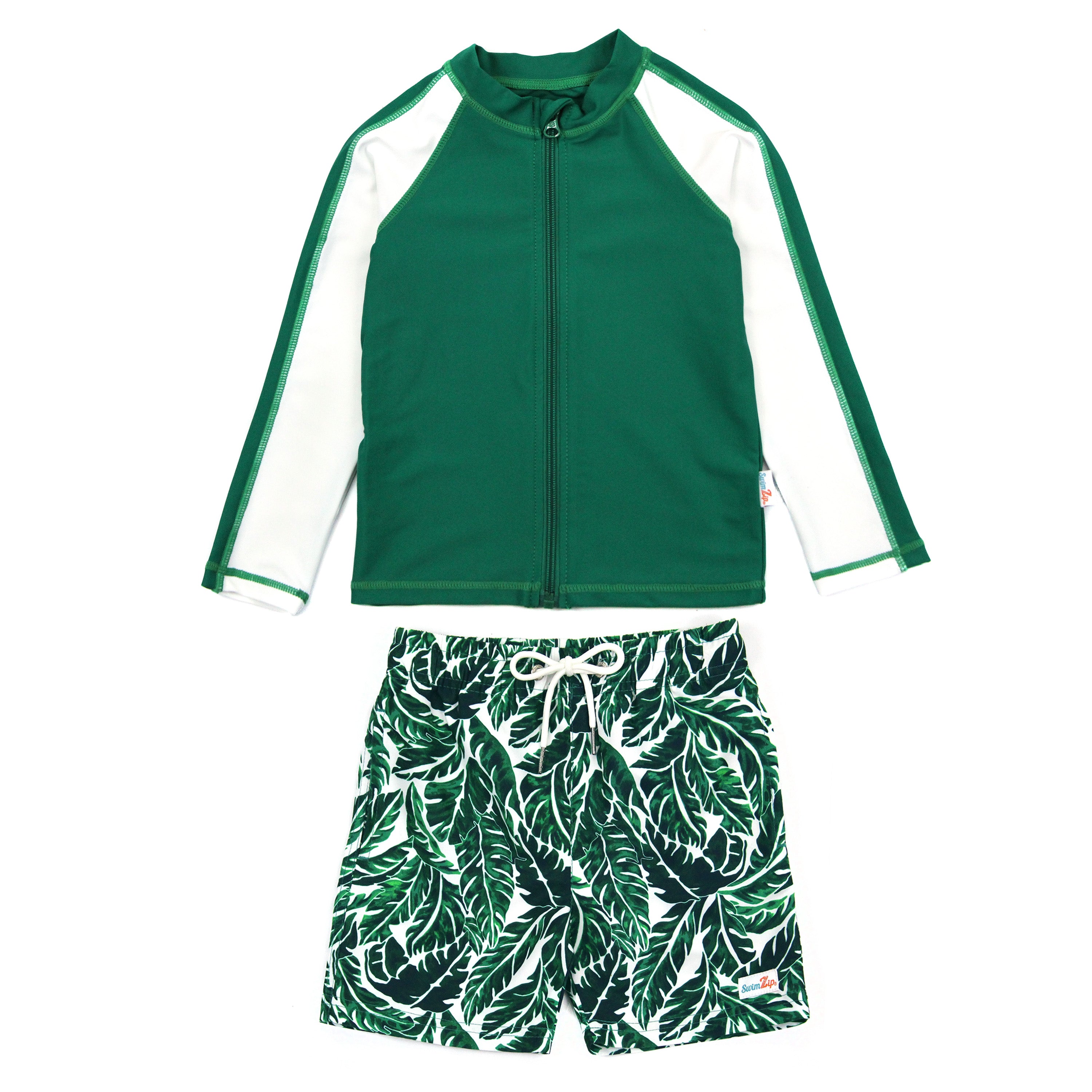 Boys Long Sleeve Zipper Rash Guard and Swim Trunk Set | "Palm Leaf"-0-3 Month-Palm Leaf-SwimZip UPF 50+ Sun Protective Swimwear & UV Zipper Rash Guards-pos1