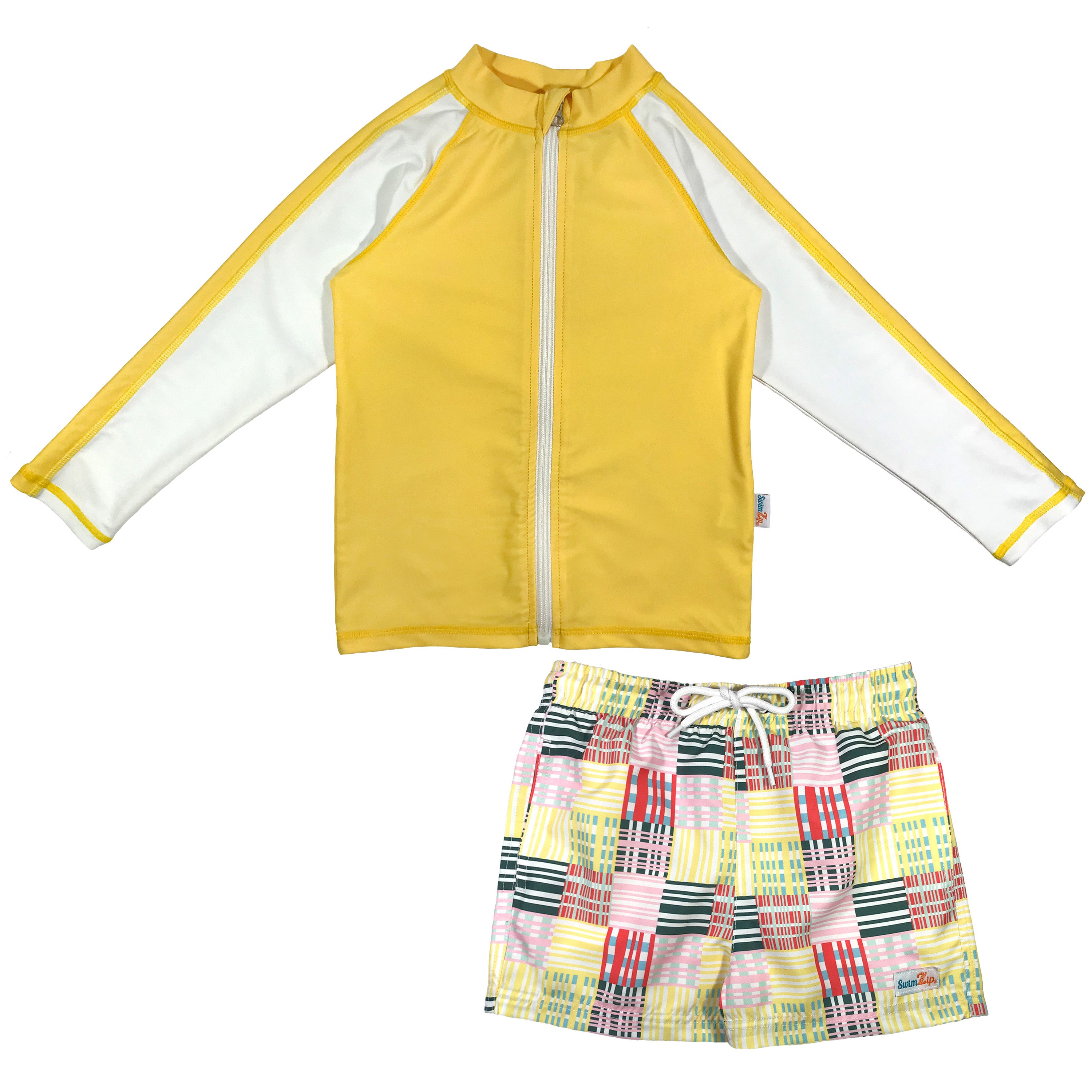 Boys Long Sleeve Zipper Rash Guard and Swim Trunk Set | "Madras Mania"-0-3 Month-Madras Mania-SwimZip UPF 50+ Sun Protective Swimwear & UV Zipper Rash Guards-pos1