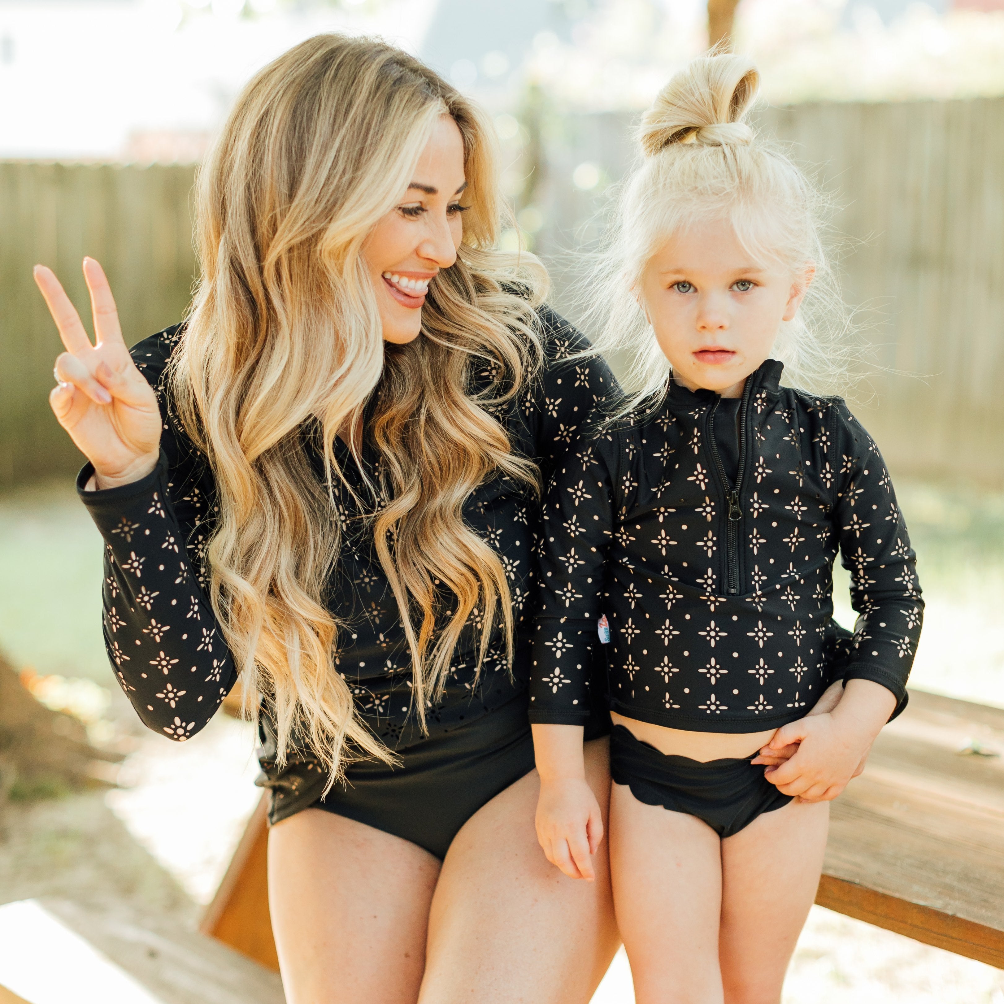 Girls Long Sleeve Rash Guard Scallop Neck + Swim Bottoms Set - “Black”-SwimZip UPF 50+ Sun Protective Swimwear & UV Zipper Rash Guards-pos2
