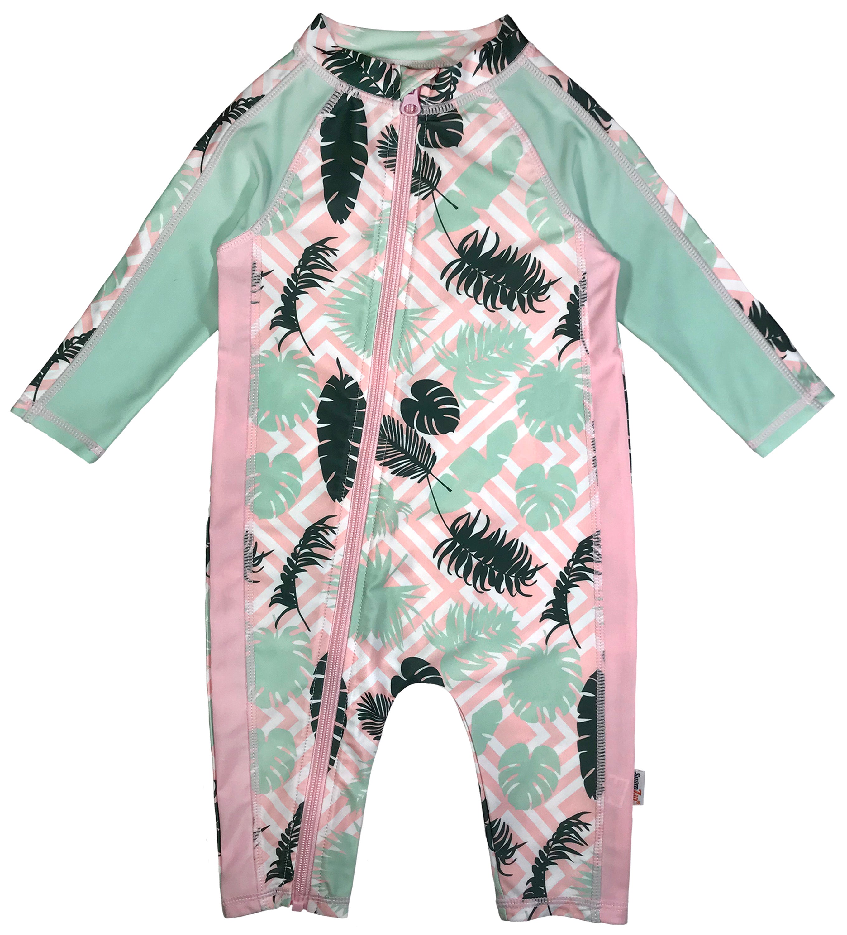 Sunsuit - Long Sleeve Romper Swimsuit | "Palm Breeze"-0-6 Month-Palm-SwimZip UPF 50+ Sun Protective Swimwear & UV Zipper Rash Guards-pos1
