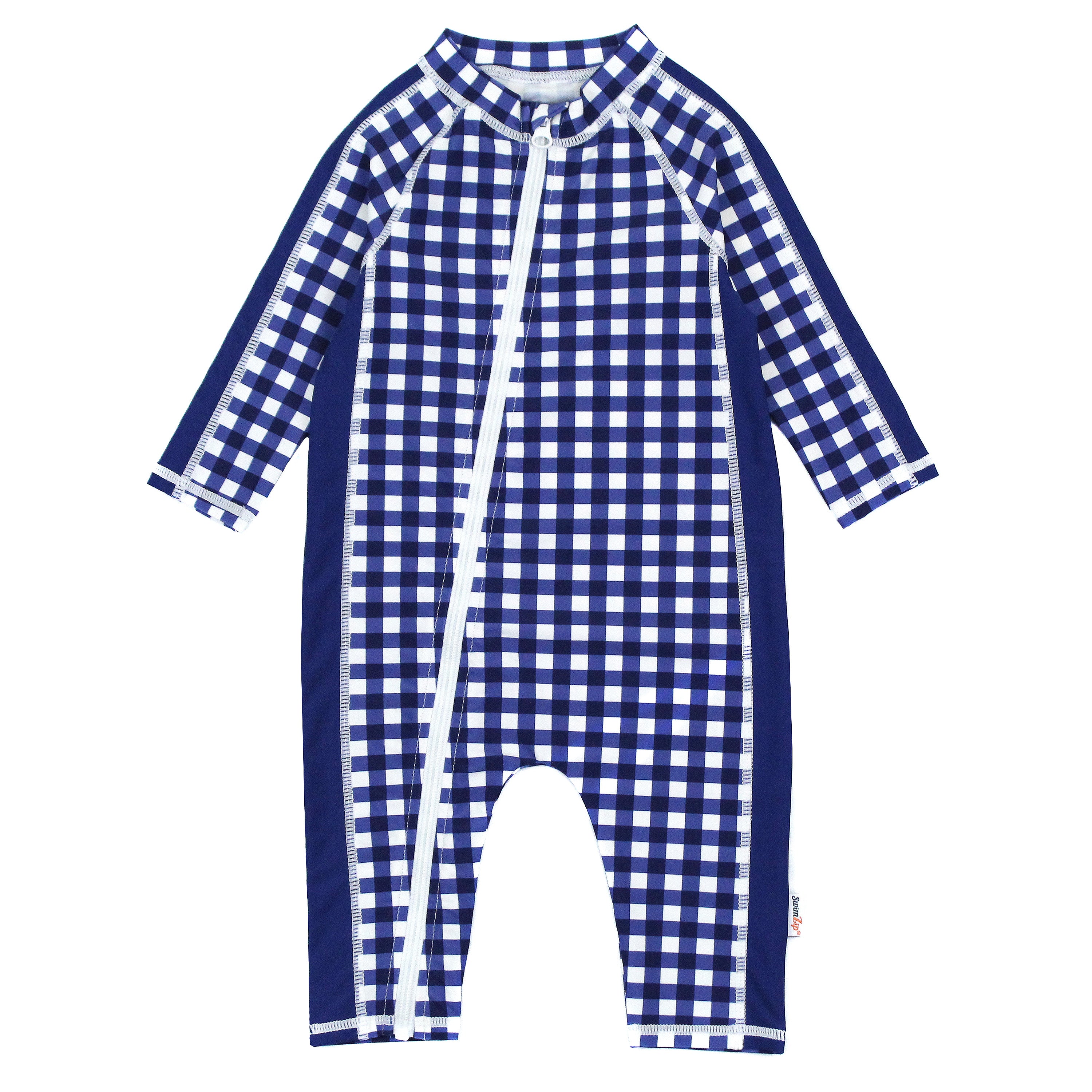 Sunsuit - Long Sleeve Romper Swimsuit | "Navy Gingham"-0-6 Month-Navy Gingham-SwimZip UPF 50+ Sun Protective Swimwear & UV Zipper Rash Guards-pos1