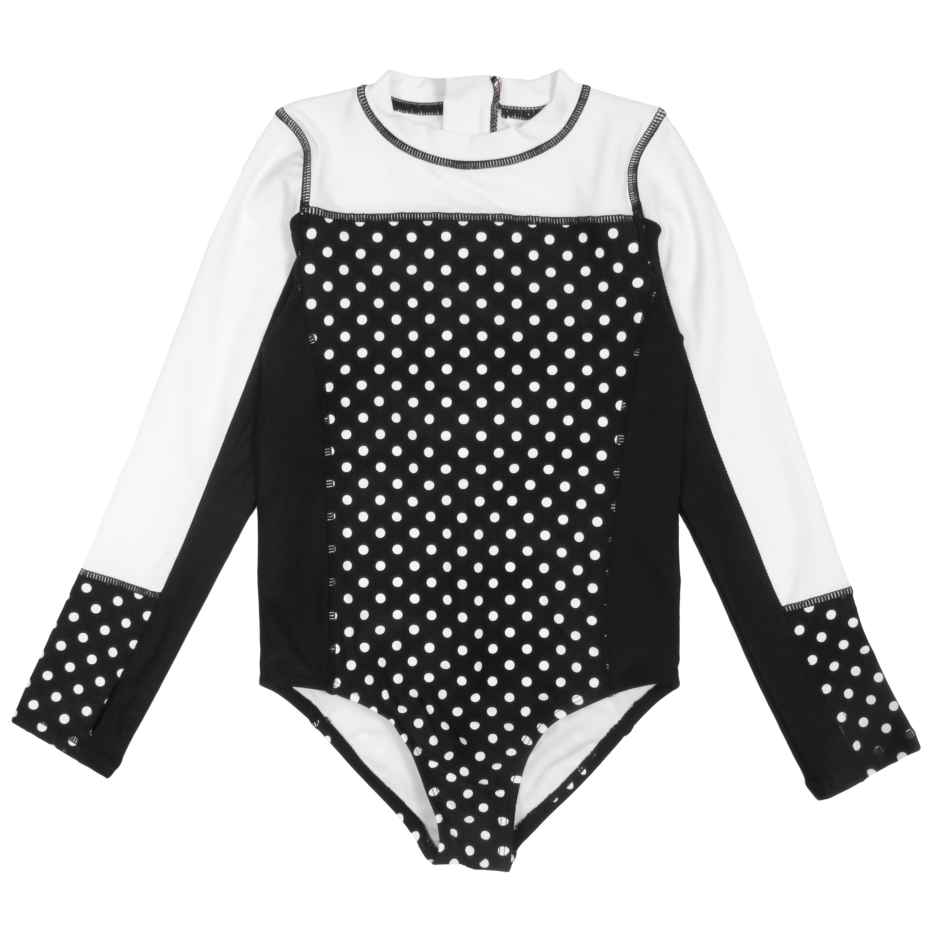 Girls Long Sleeve Surf Suit (One Piece Bodysuit) | "Black Polka Dot"-SwimZip UPF 50+ Sun Protective Swimwear & UV Zipper Rash Guards-pos1