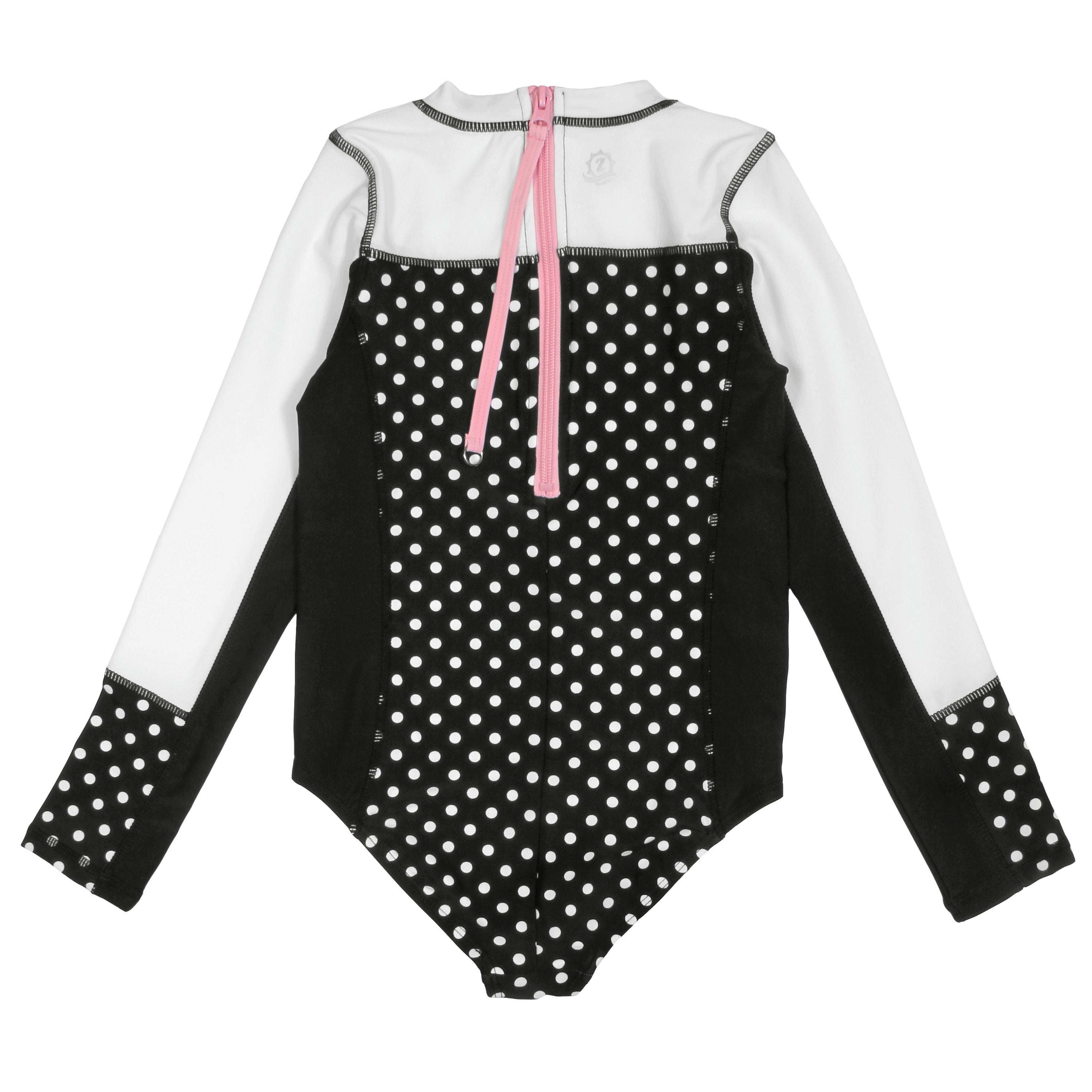 Girls Long Sleeve Surf Suit (One Piece Bodysuit) | "Black Polka Dot"-SwimZip UPF 50+ Sun Protective Swimwear & UV Zipper Rash Guards-pos11