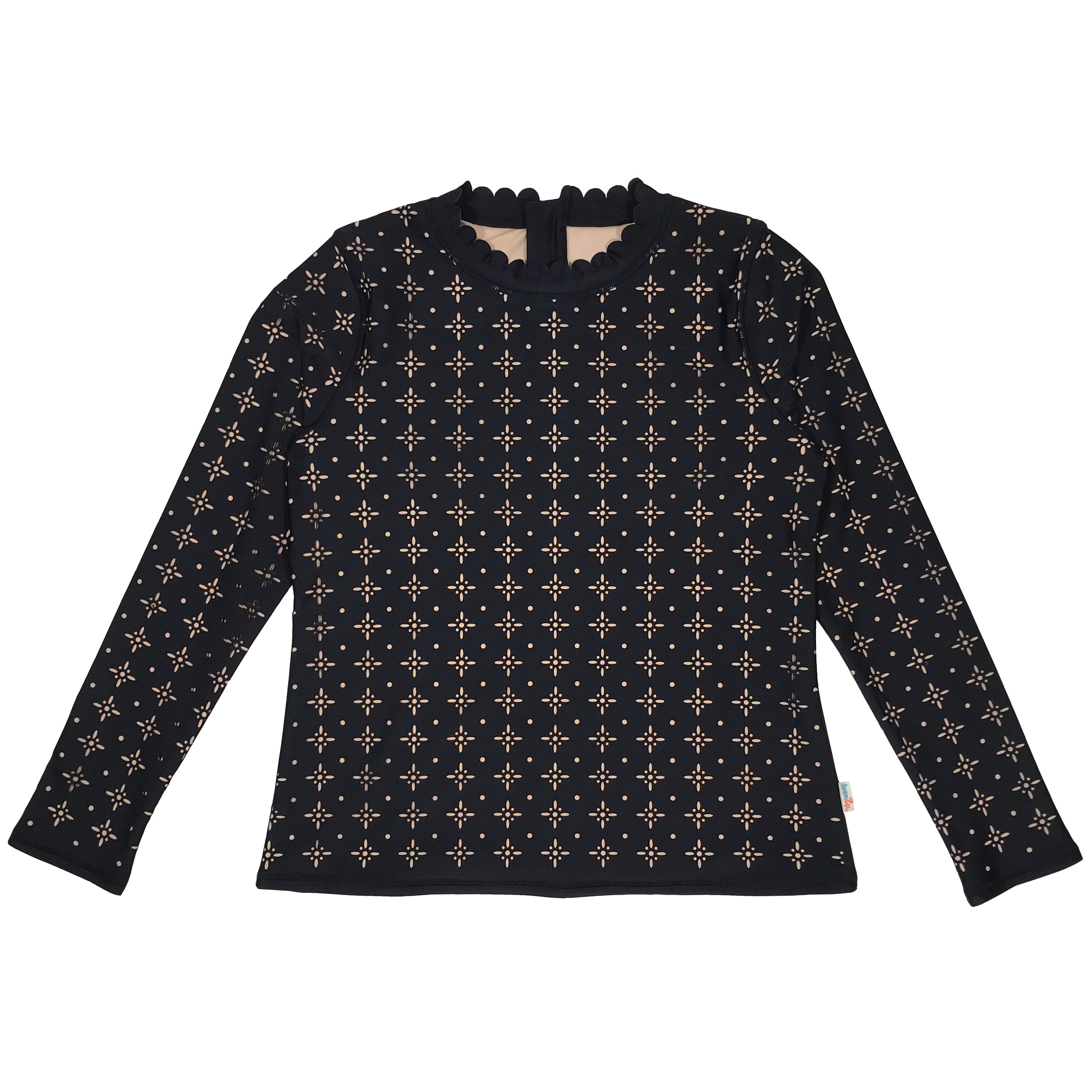 Women's Long Sleeve Laser Cut Scallop Neck Rash Guard - “Black”-XS-Black-SwimZip UPF 50+ Sun Protective Swimwear & UV Zipper Rash Guards-pos1
