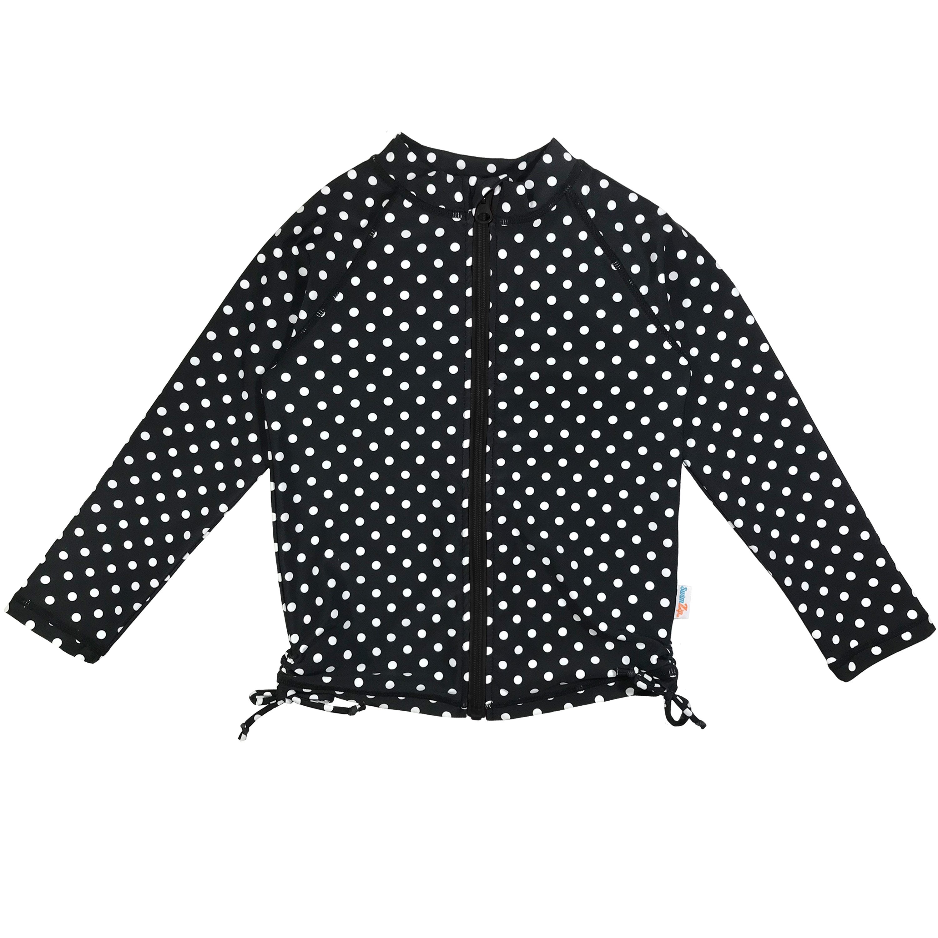 Girls Long Sleeve Rash Guard - “Black Polka Dot”-6-12 Month-Black Polka Dot-SwimZip UPF 50+ Sun Protective Swimwear & UV Zipper Rash Guards-pos1