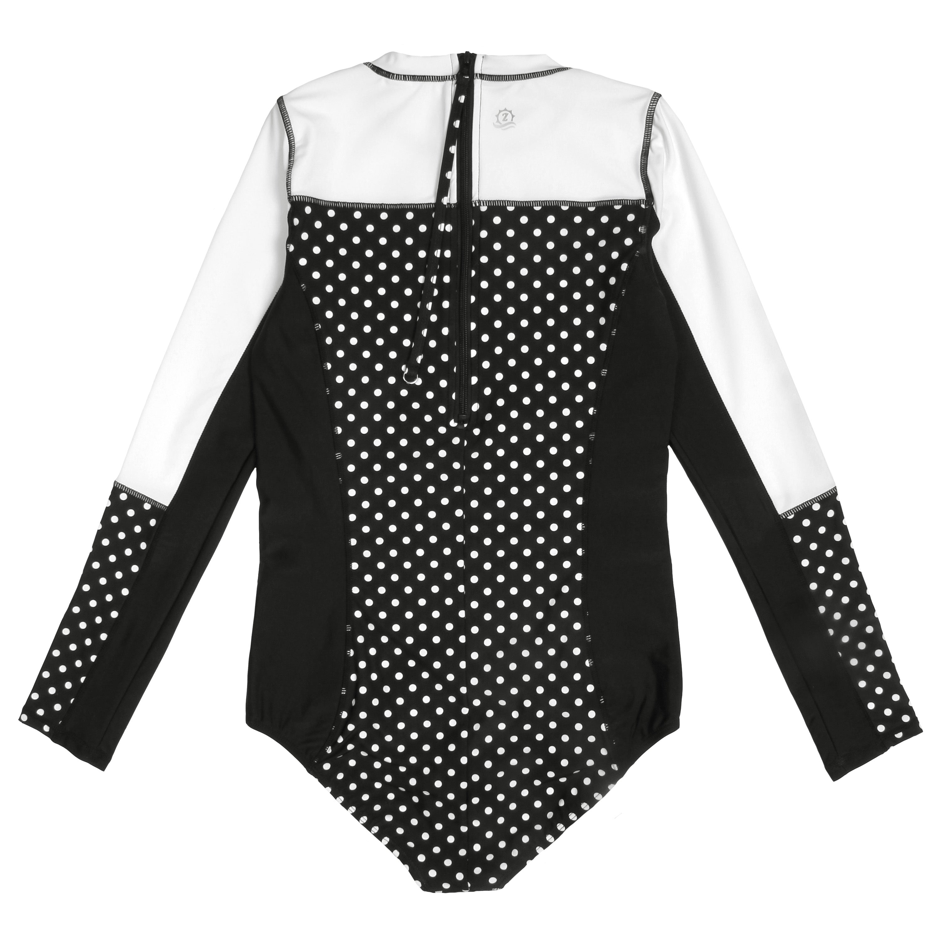 Women's Long Sleeve Surf Suit (One Piece Bodysuit) - "Black Polka Dot"-SwimZip UPF 50+ Sun Protective Swimwear & UV Zipper Rash Guards-pos3