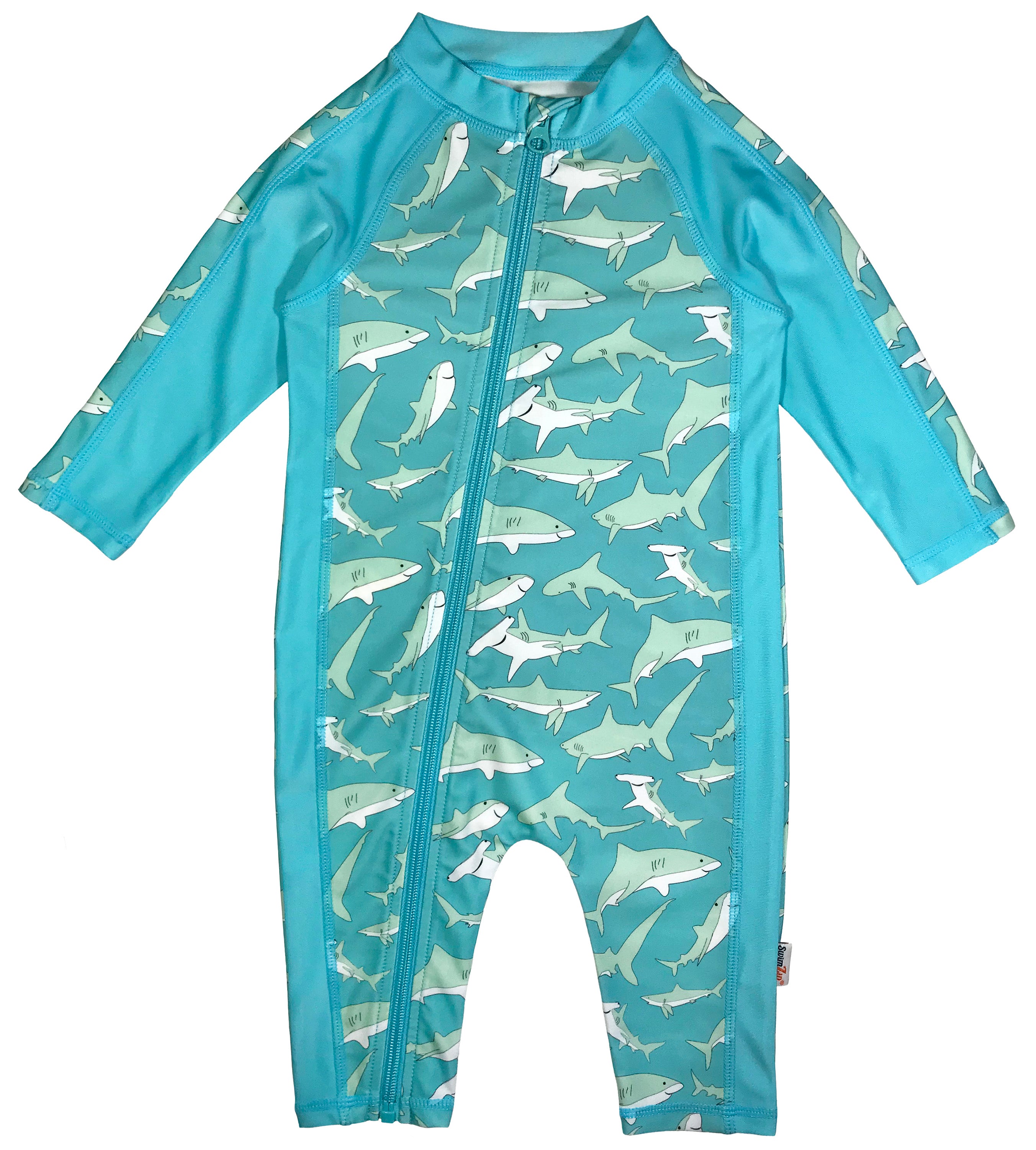 Sunsuit - Long Sleeve Romper Swimsuit | "Deep Blue Sharks"-SwimZip UPF 50+ Sun Protective Swimwear & UV Zipper Rash Guards-pos1