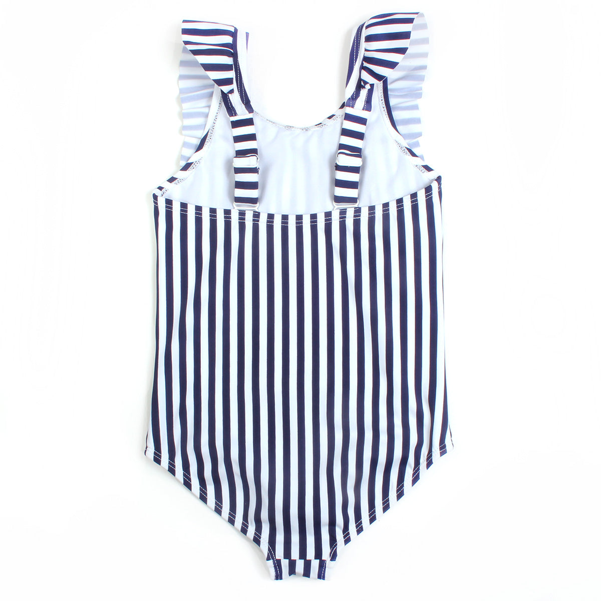 Girls Ruffle One-Piece Swimsuit | "Too Sweet" Mini Navy Stripe-SwimZip UPF 50+ Sun Protective Swimwear & UV Zipper Rash Guards-pos5