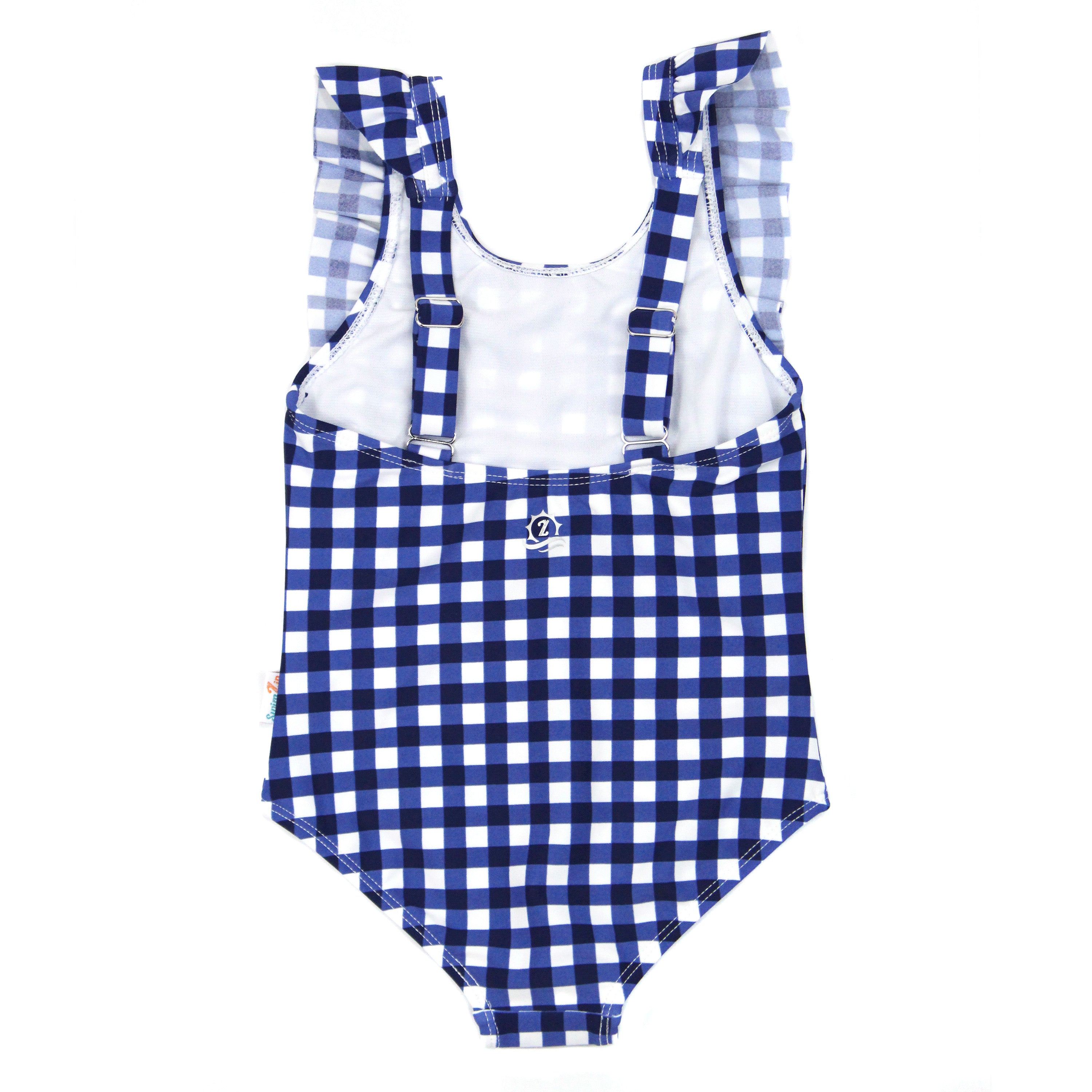 Girls Ruffle One-Piece Swimsuit | "Too Sweet" Navy Gingham-SwimZip UPF 50+ Sun Protective Swimwear & UV Zipper Rash Guards-pos12