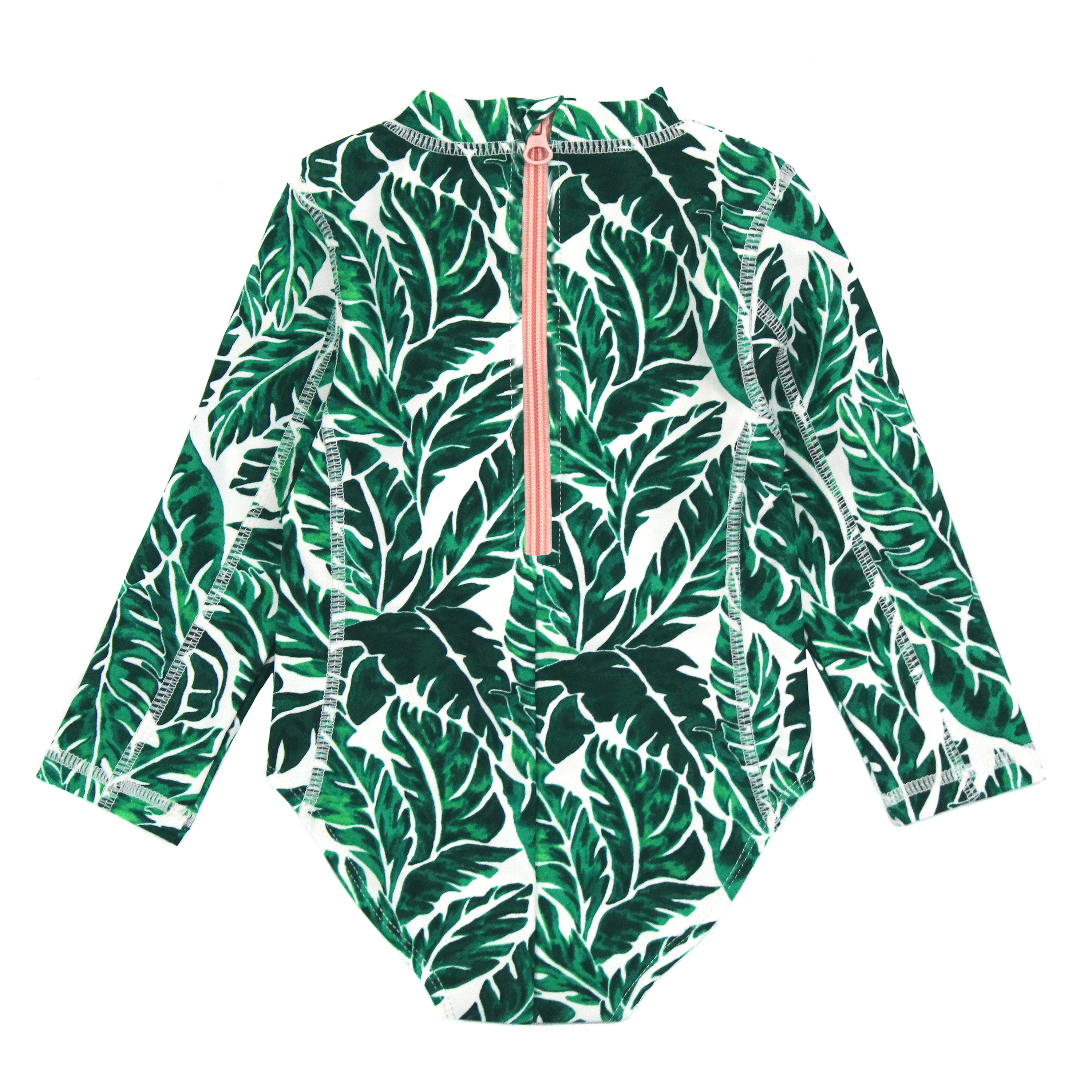 Girls Long Sleeve Surf Suit (One Piece Bodysuit) | "Palm Leaf"-SwimZip UPF 50+ Sun Protective Swimwear & UV Zipper Rash Guards-pos12