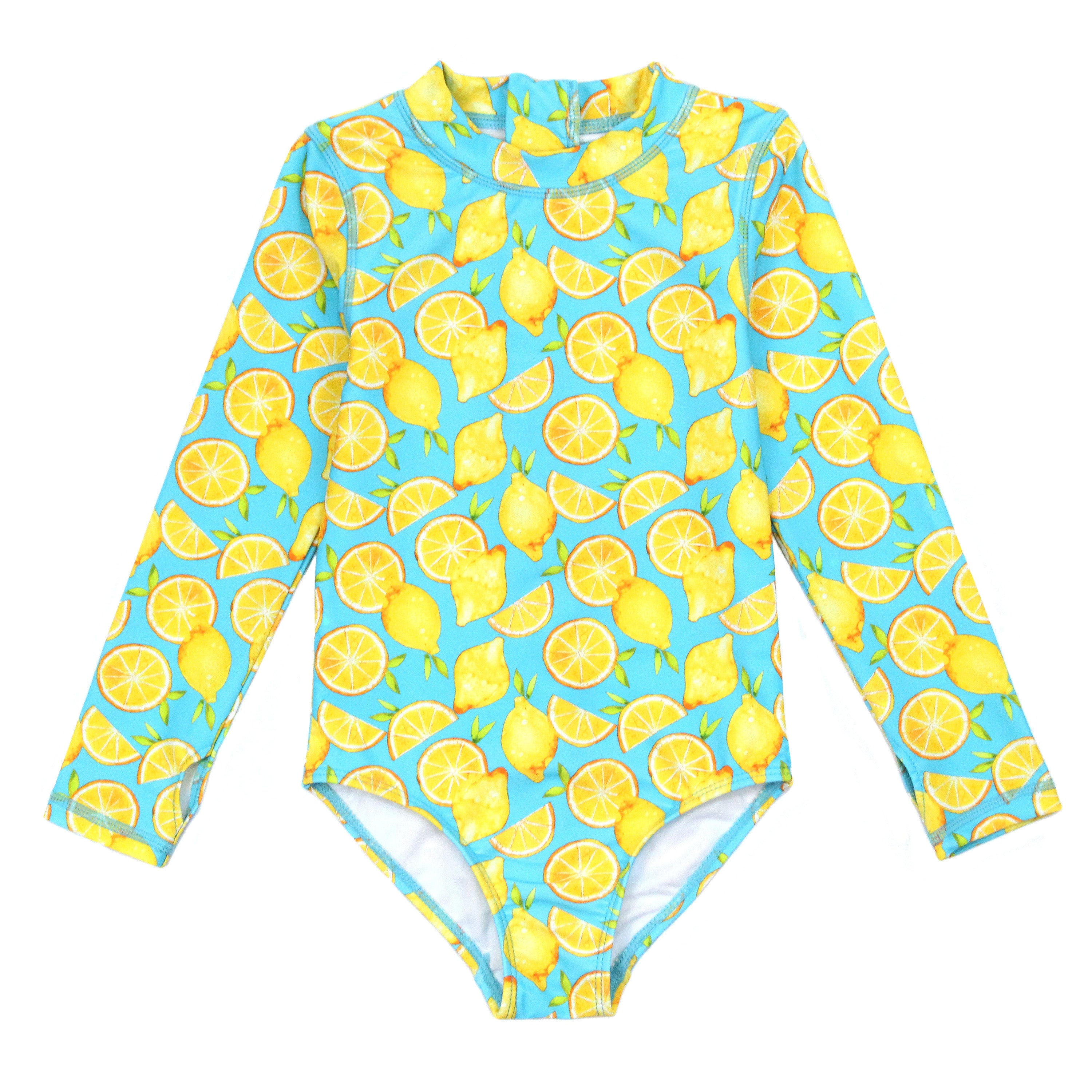 Girls Long Sleeve Surf Suit (One Piece Bodysuit) | "Lemons"-6-12 Month-Lemons-SwimZip UPF 50+ Sun Protective Swimwear & UV Zipper Rash Guards-pos1