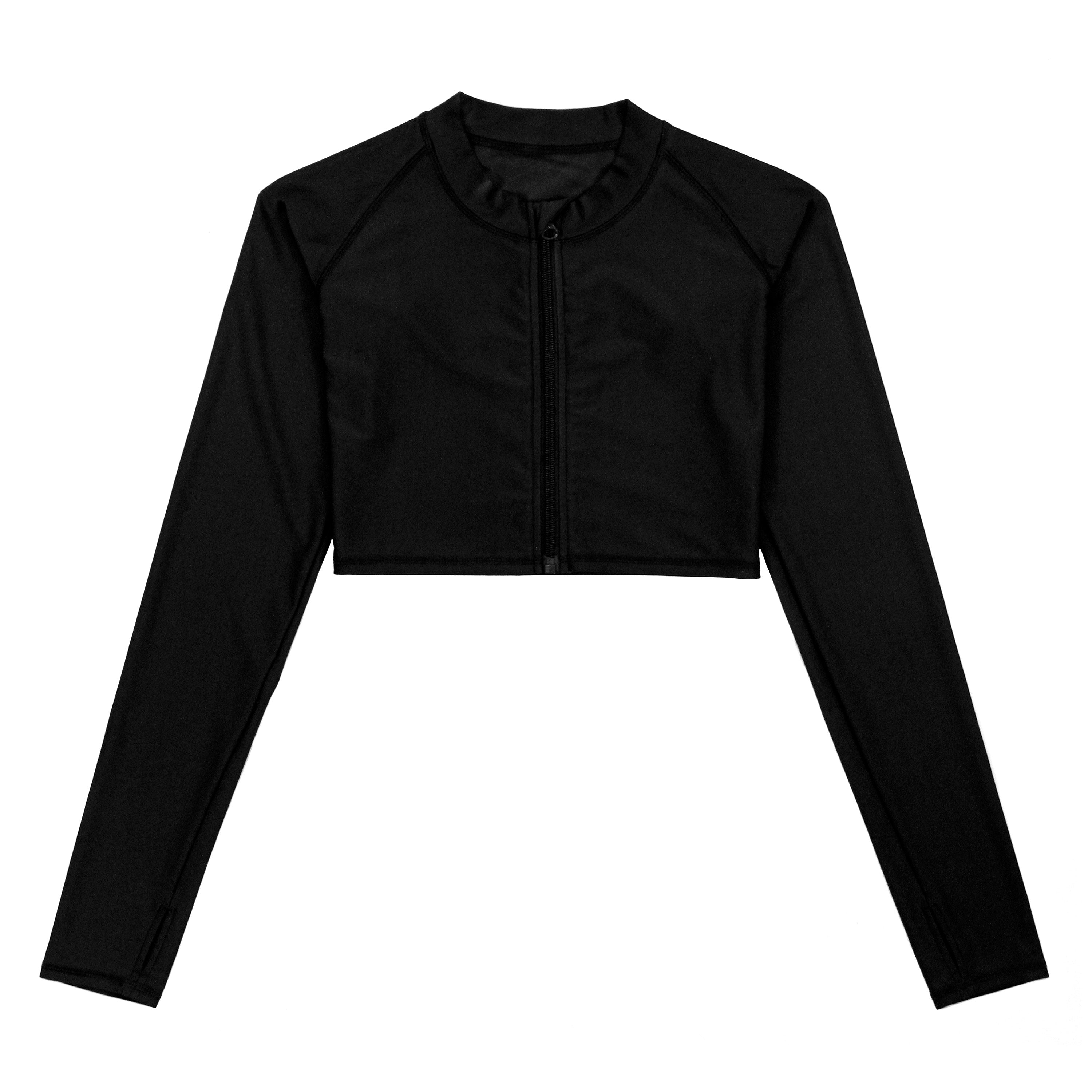 Women's Long Sleeve Crop Rash Guard | “Black”-XS-Black-SwimZip UPF 50+ Sun Protective Swimwear & UV Zipper Rash Guards-pos1