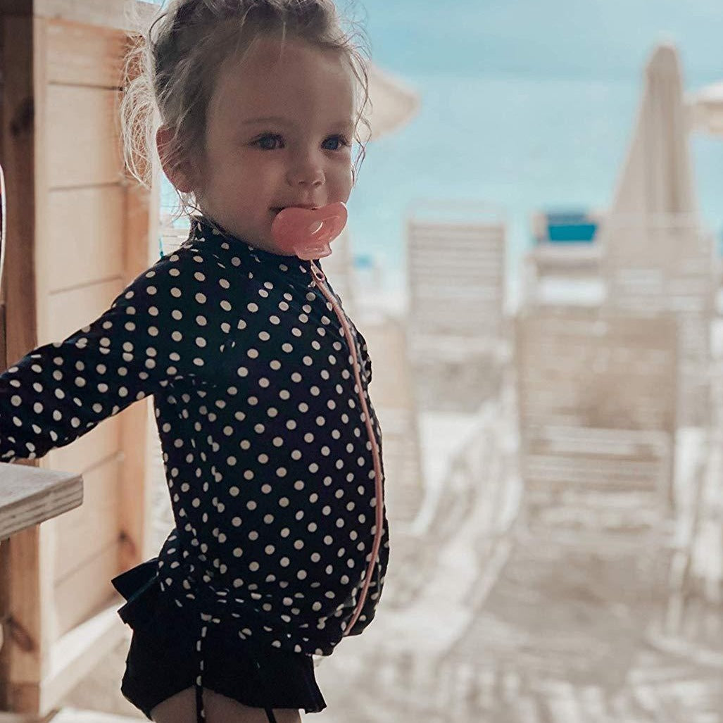 Girls Long Sleeve Rash Guard Ruffle Swimsuit Set (2 Piece) - "Black Polka Dot"-SwimZip UPF 50+ Sun Protective Swimwear & UV Zipper Rash Guards-pos2