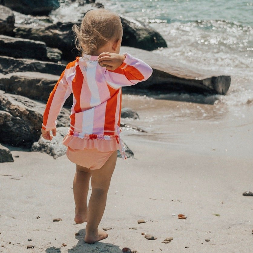Girls Long Sleeve Rash Guard Ruffle Swimsuit Set (2 Piece) - "Peachy Stripes"-SwimZip UPF 50+ Sun Protective Swimwear & UV Zipper Rash Guards-pos2