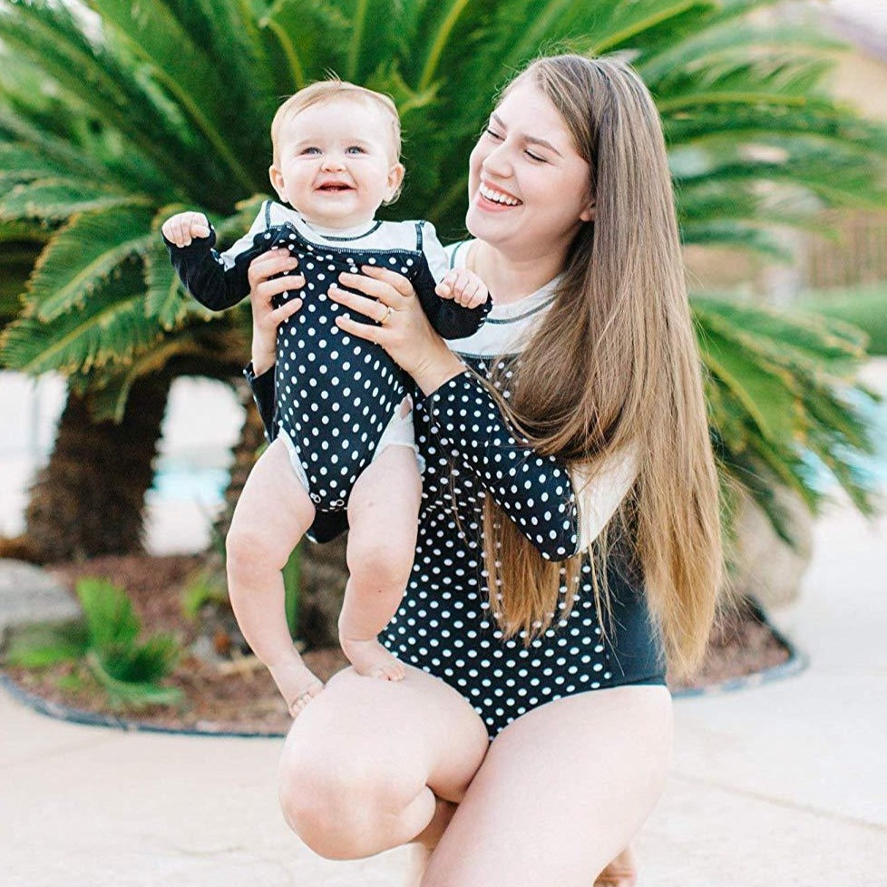 Girls Long Sleeve Surf Suit (One Piece Bodysuit) | "Black Polka Dot"-SwimZip UPF 50+ Sun Protective Swimwear & UV Zipper Rash Guards-pos8