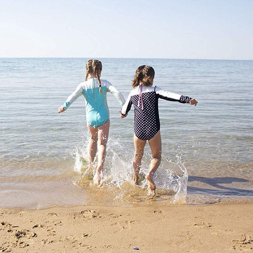 Girls Long Sleeve Surf Suit (One Piece Bodysuit) | "Black Polka Dot"-SwimZip UPF 50+ Sun Protective Swimwear & UV Zipper Rash Guards-pos10