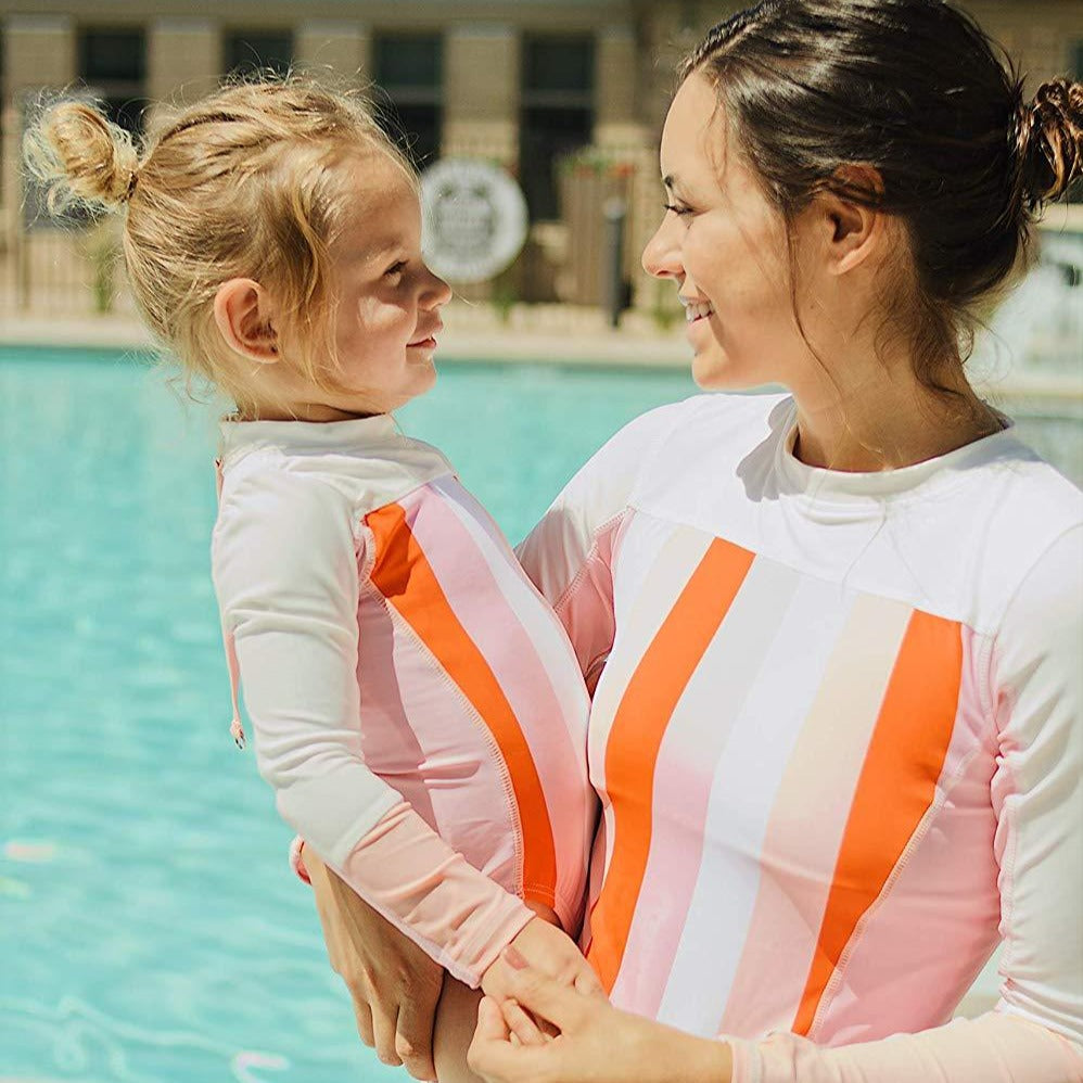Girls Long Sleeve Surf Suit (One Piece Bodysuit) | "Peachy Stripes"-SwimZip UPF 50+ Sun Protective Swimwear & UV Zipper Rash Guards-pos5