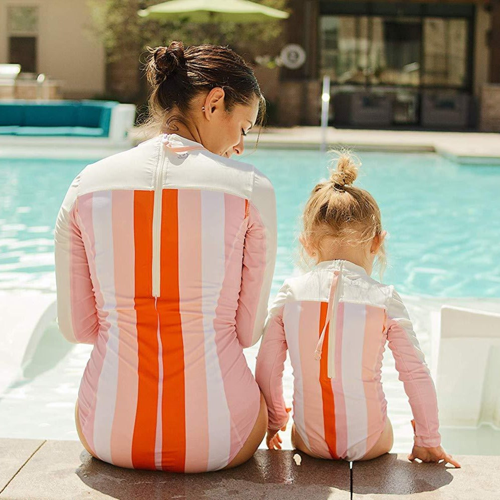 Girls Long Sleeve Surf Suit (One Piece Bodysuit) | "Peachy Stripes"-SwimZip UPF 50+ Sun Protective Swimwear & UV Zipper Rash Guards-pos3