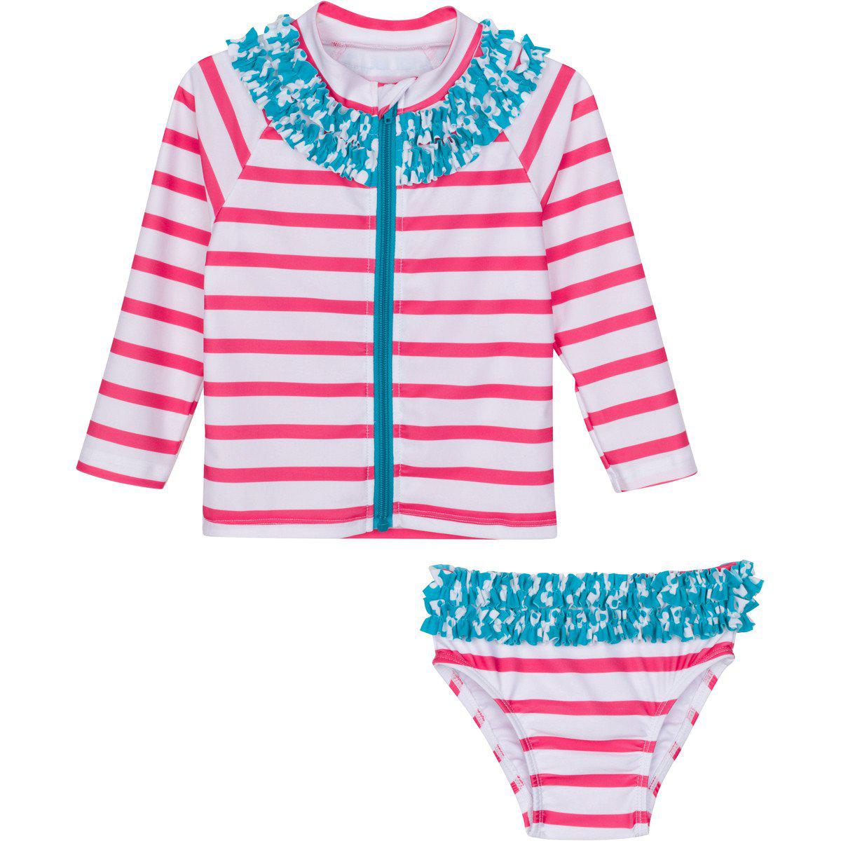 Girls Long Sleeve Rash Guard Ruffle Swimsuit Set (2 Piece) - "Splish Splash"-0-3 Month-Splish Splash-SwimZip UPF 50+ Sun Protective Swimwear & UV Zipper Rash Guards-pos1