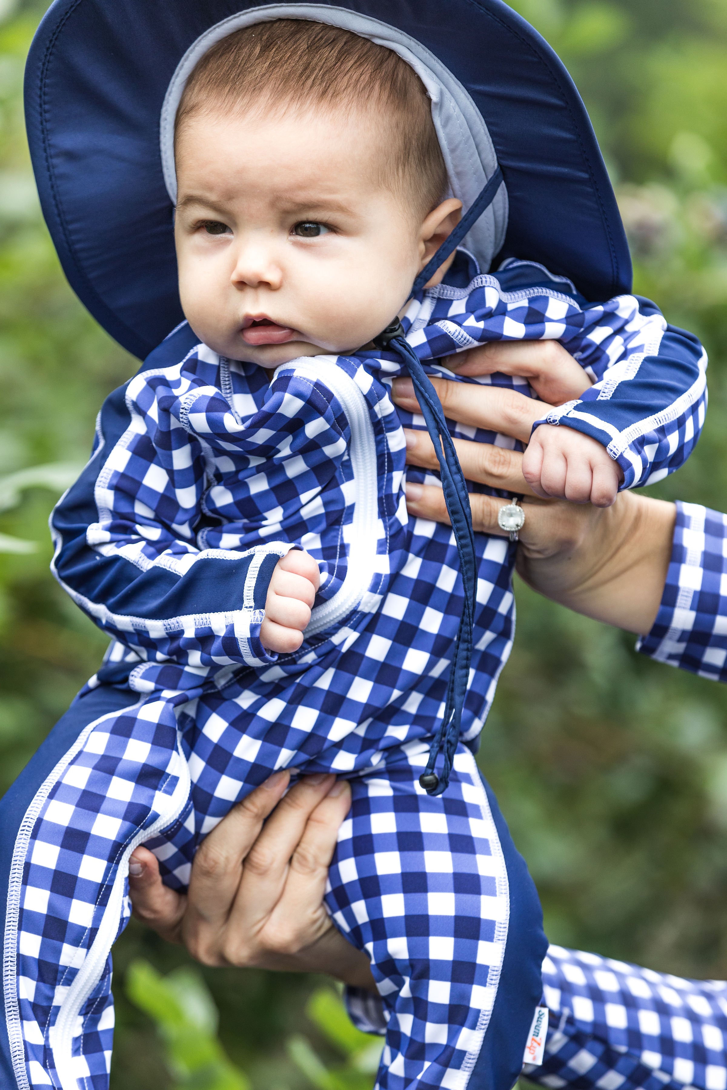 Sunsuit - Long Sleeve Romper Swimsuit | "Navy Gingham"-SwimZip UPF 50+ Sun Protective Swimwear & UV Zipper Rash Guards-pos2