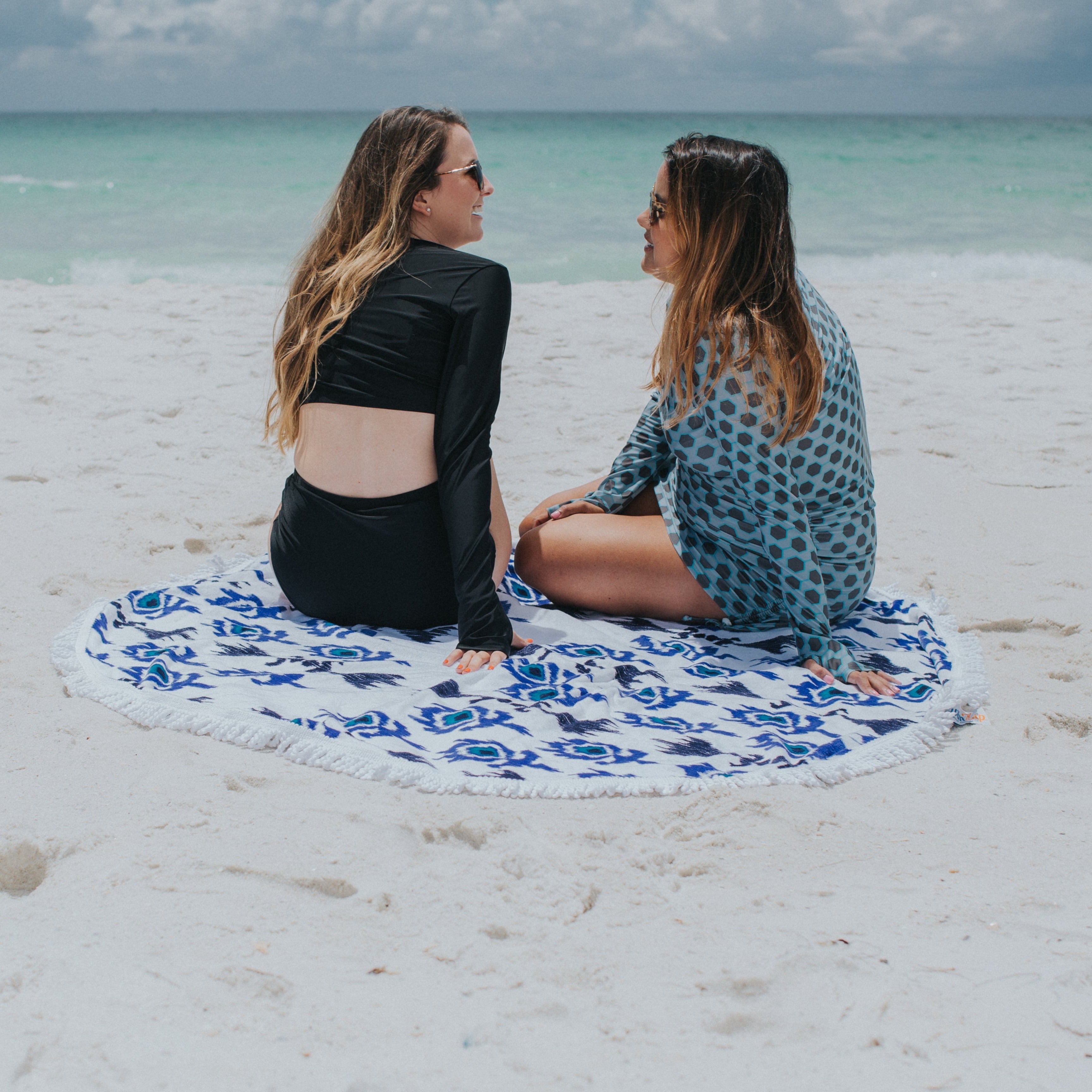 Round Blue and White Beach Towel | "Globe Trotter"-SwimZip UPF 50+ Sun Protective Swimwear & UV Zipper Rash Guards-pos4
