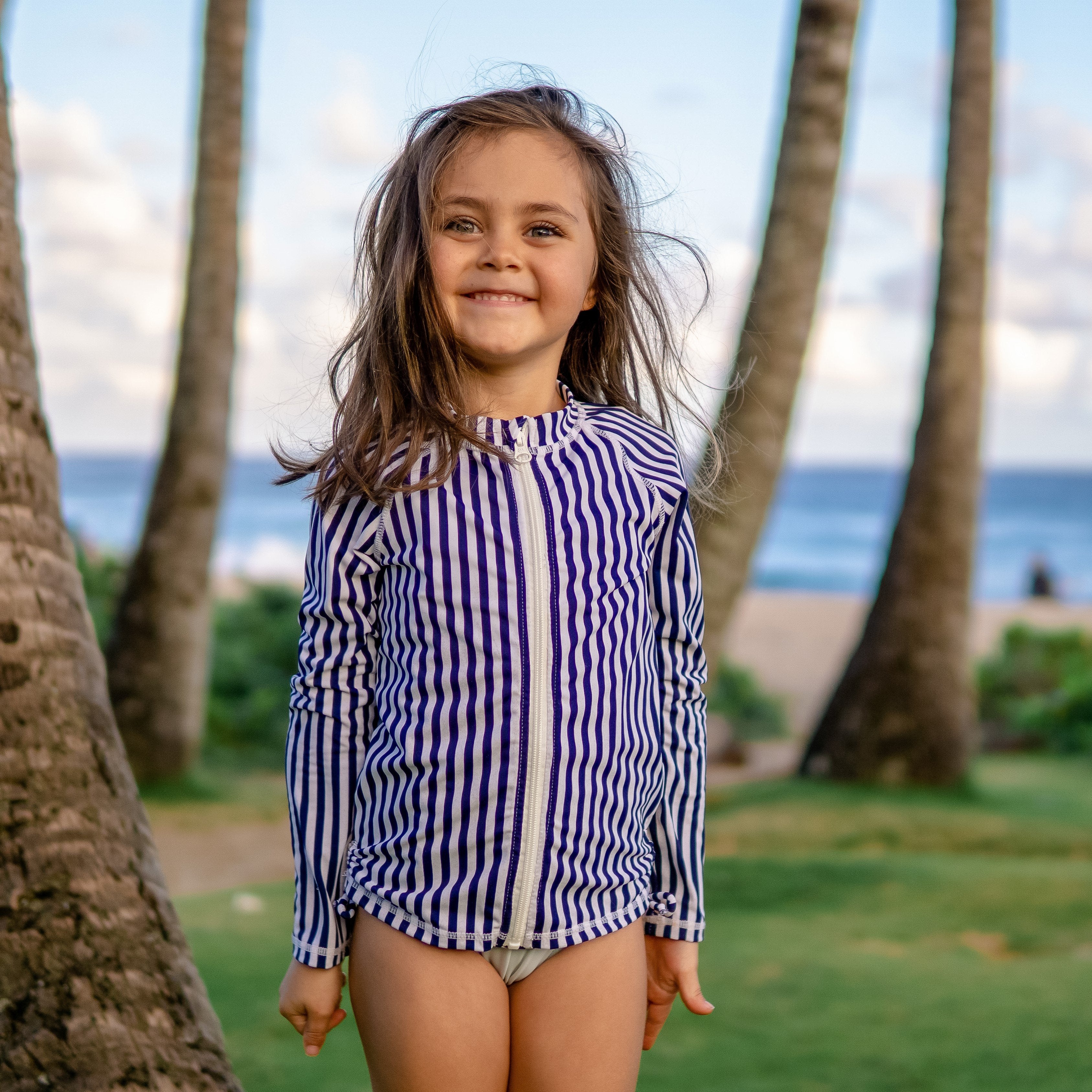 Girls Long Sleeve Rash Guard - “Mini Navy Stripe”-SwimZip UPF 50+ Sun Protective Swimwear & UV Zipper Rash Guards-pos2