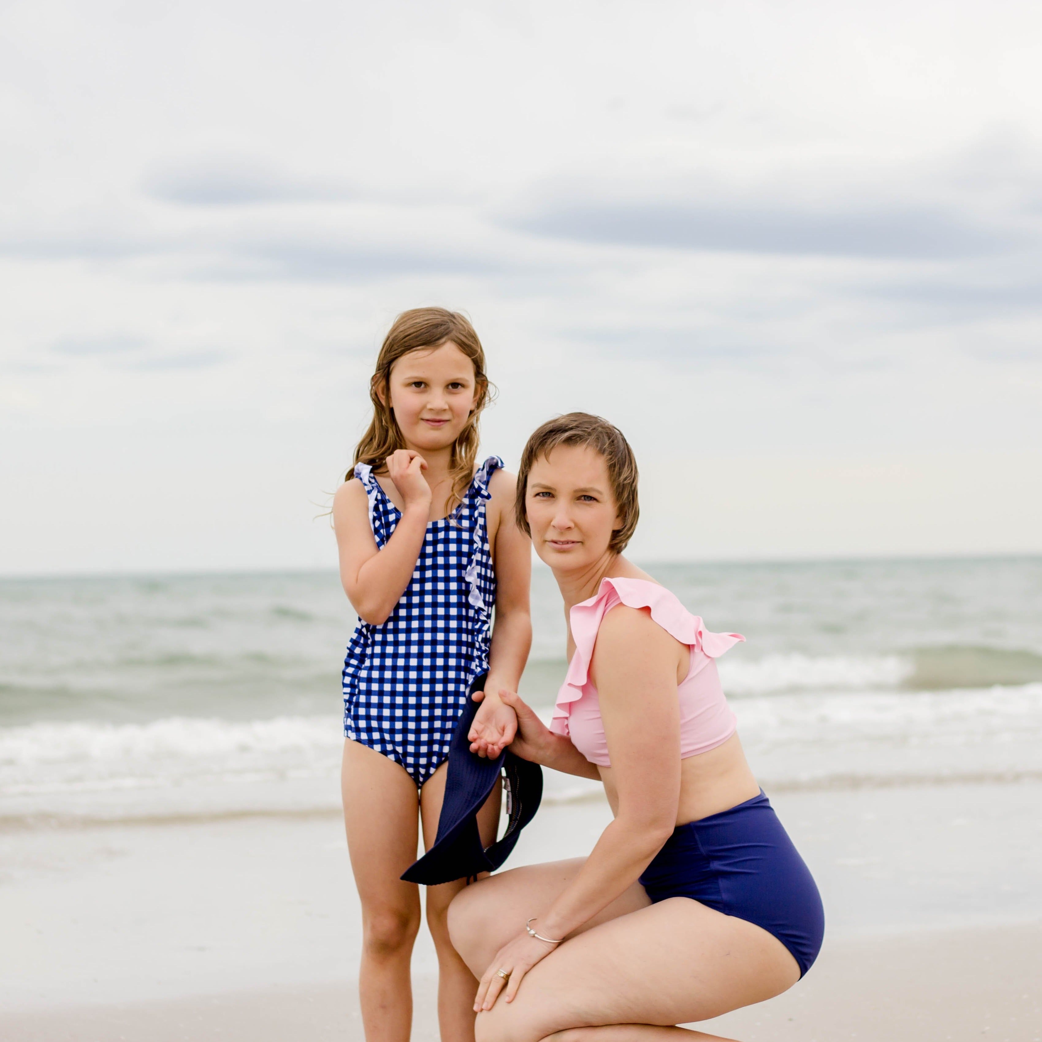 Girls Ruffle One-Piece Swimsuit | "Too Sweet" Navy Gingham-SwimZip UPF 50+ Sun Protective Swimwear & UV Zipper Rash Guards-pos10