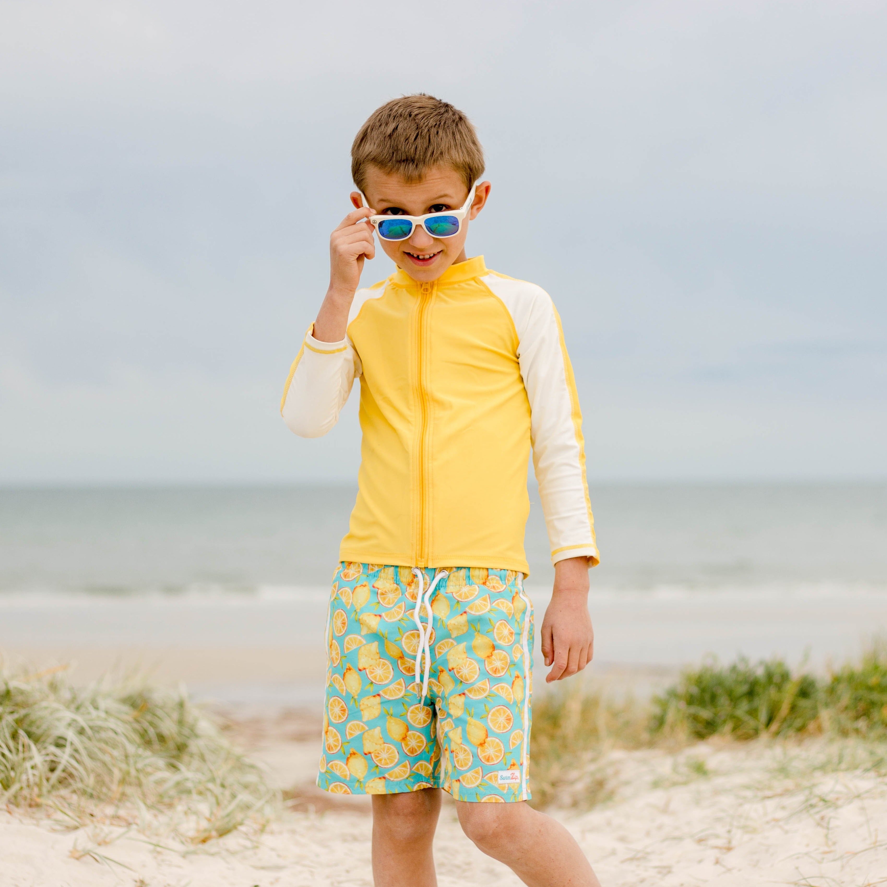 Boys Long Sleeve Zipper Rash Guard and Swim Trunk Set | "Lemons"-SwimZip UPF 50+ Sun Protective Swimwear & UV Zipper Rash Guards-pos5