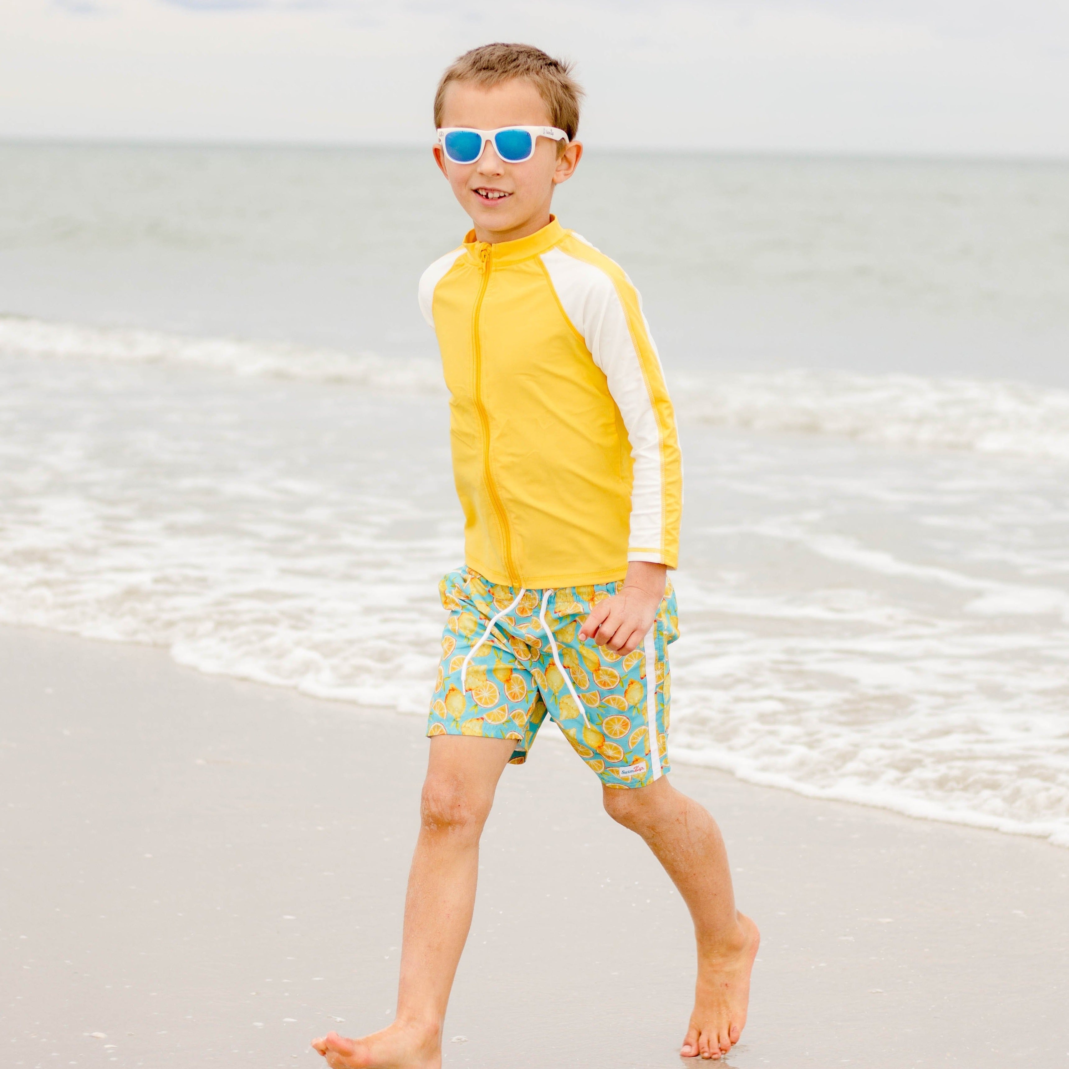 Boys Long Sleeve Zipper Rash Guard and Swim Trunk Set | "Lemons"-SwimZip UPF 50+ Sun Protective Swimwear & UV Zipper Rash Guards-pos7
