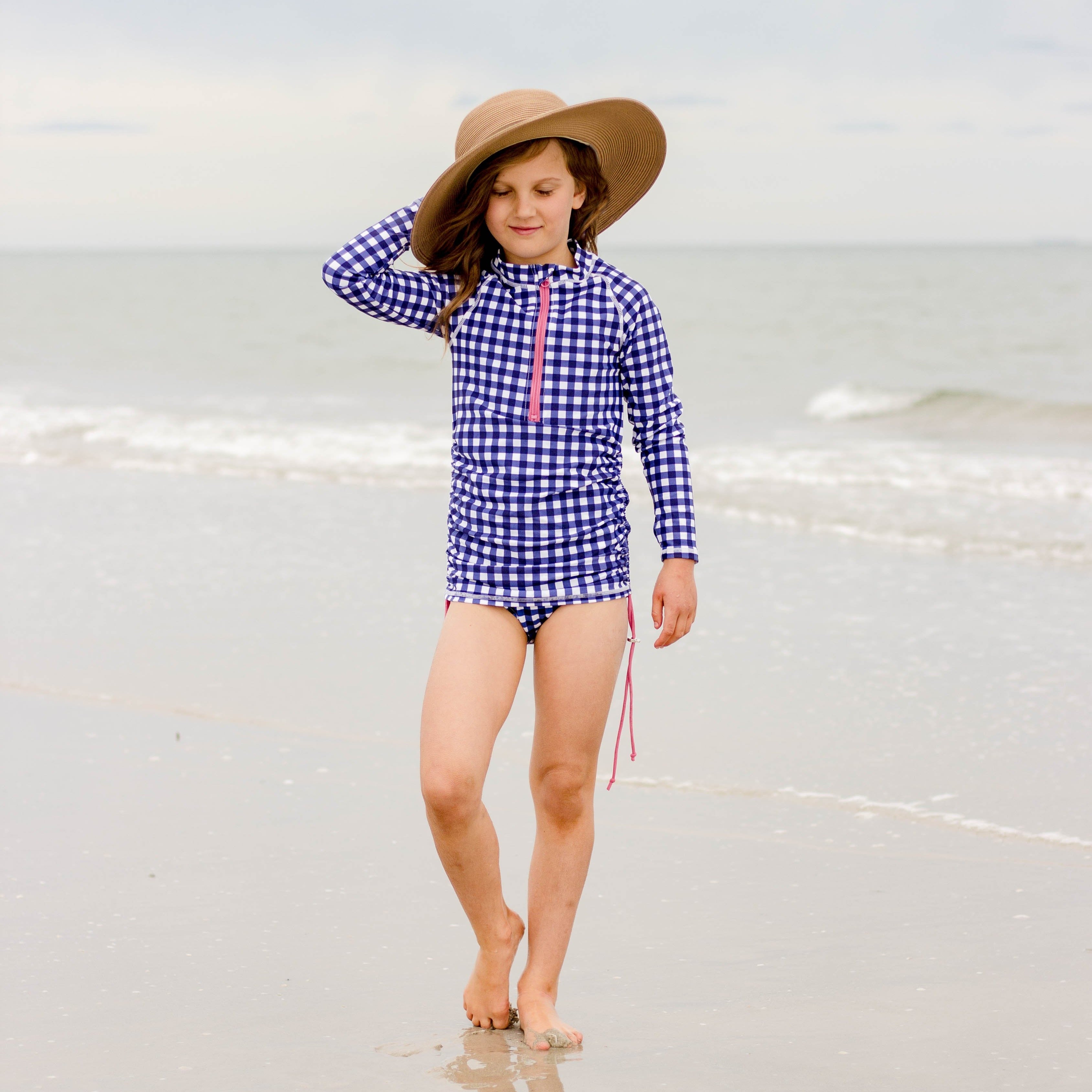 Girls Long Sleeve Swim Dress Cover Up | "Navy Gingham"-SwimZip UPF 50+ Sun Protective Swimwear & UV Zipper Rash Guards-pos4