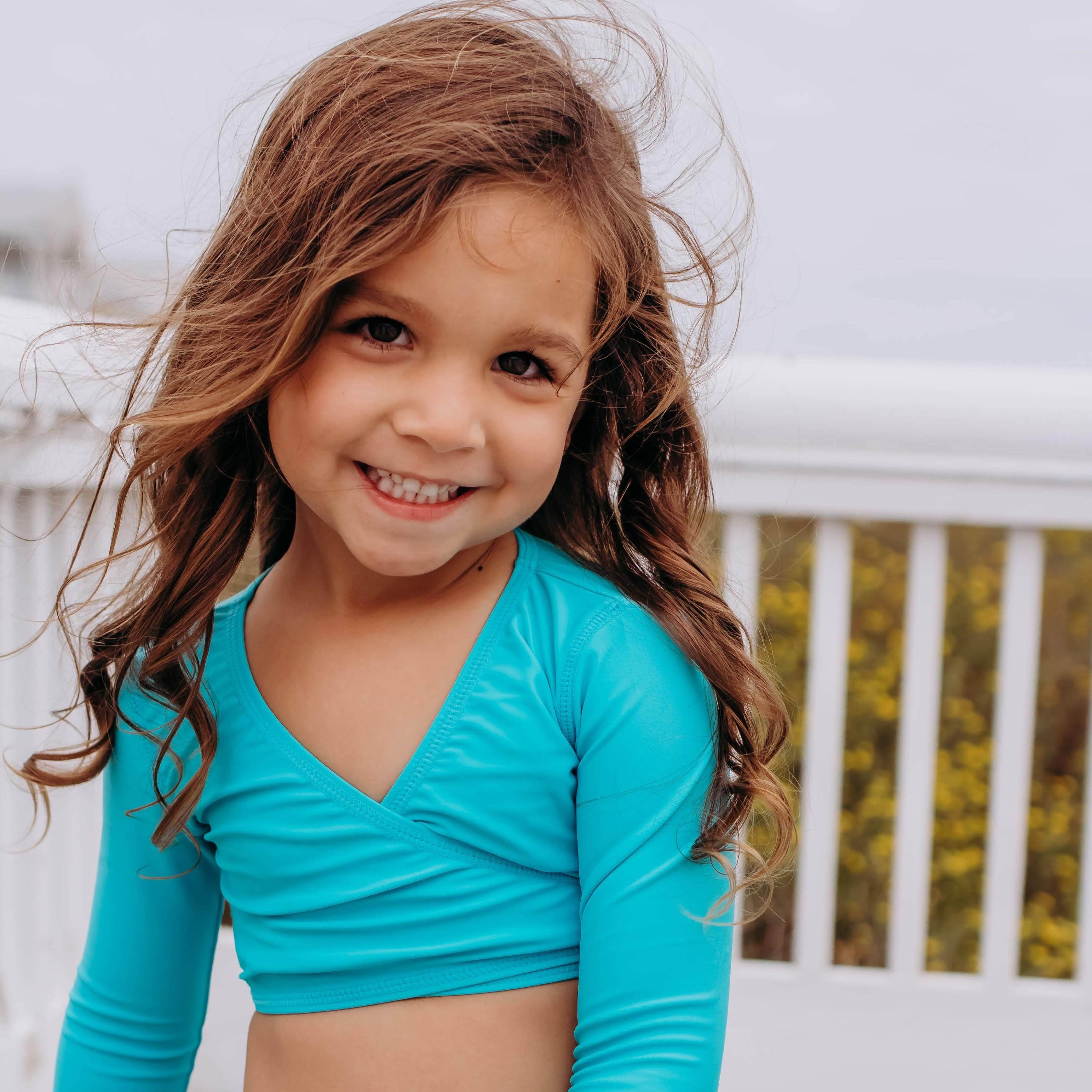 Girls Long Sleeve Swim Wrap Top - "Aqua"-SwimZip UPF 50+ Sun Protective Swimwear & UV Zipper Rash Guards-pos11