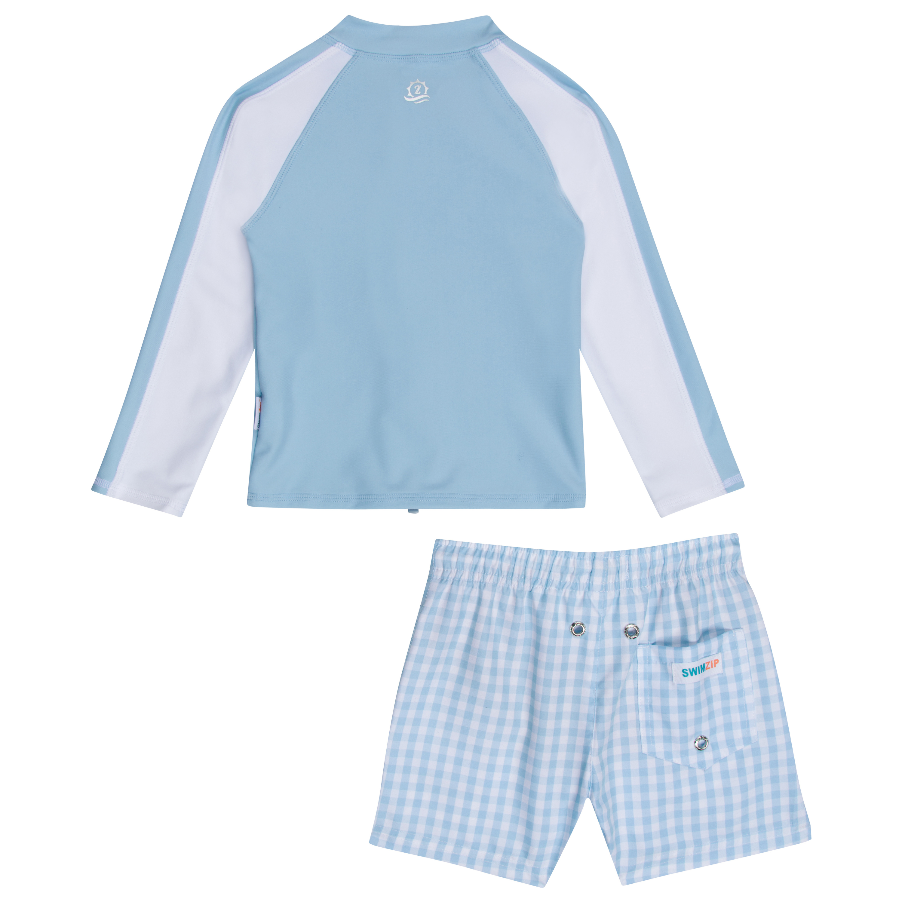 Boys Long Sleeve Zipper Rash Guard and Swim Trunk Set | "Blue Gingham"-SwimZip UPF 50+ Sun Protective Swimwear & UV Zipper Rash Guards-pos12