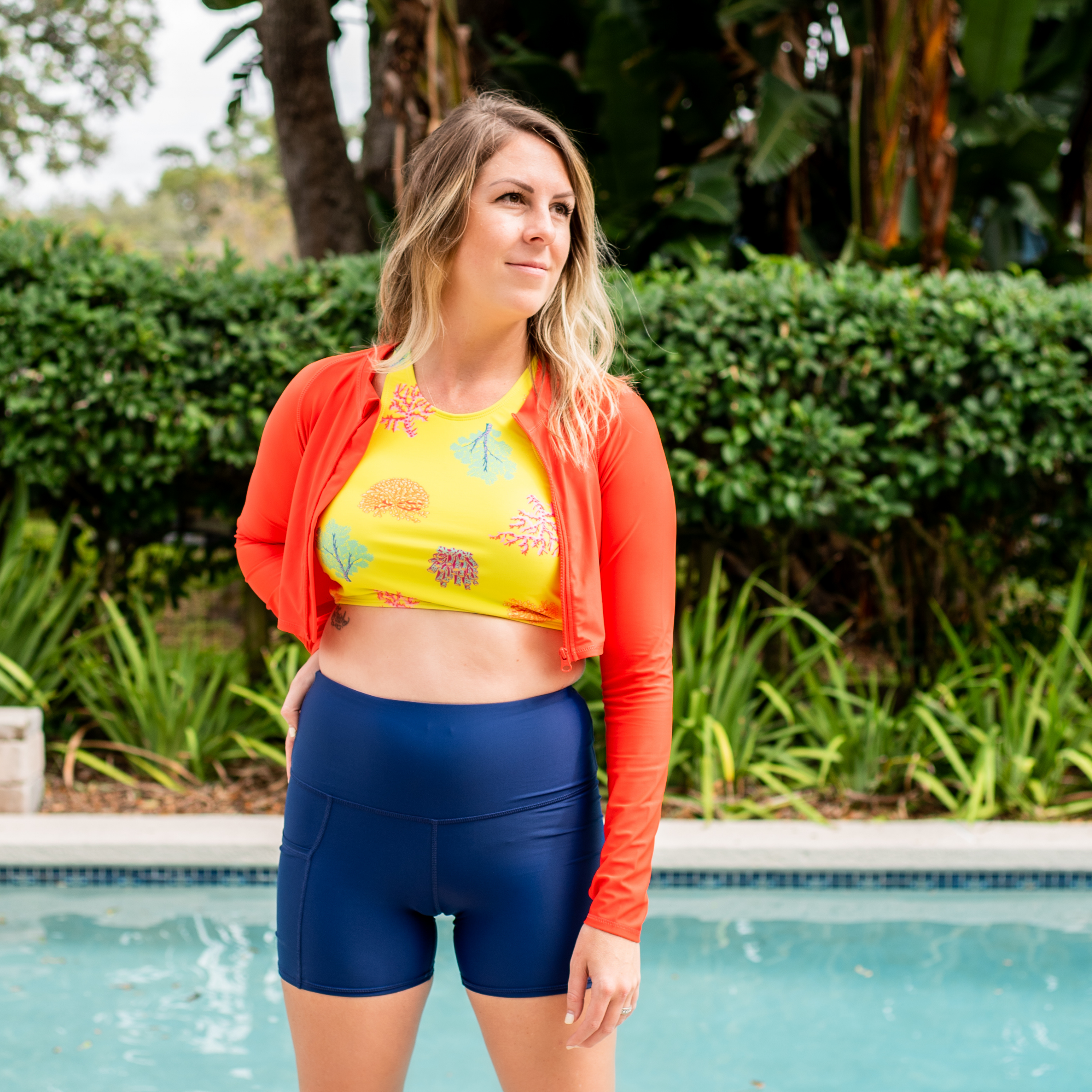 Women's Long Sleeve Crop Rash Guard | “Fiesta Red”-SwimZip UPF 50+ Sun Protective Swimwear & UV Zipper Rash Guards-pos2