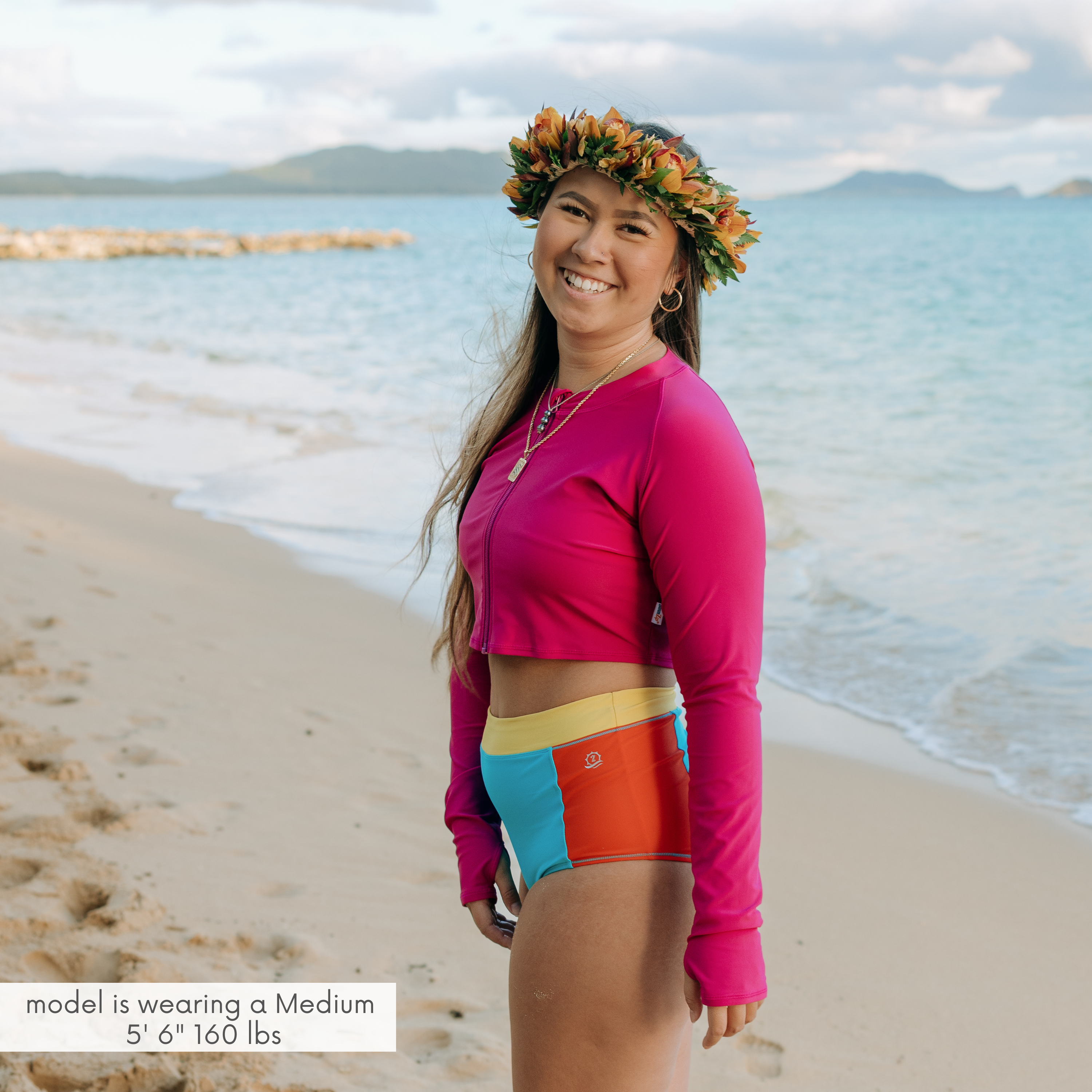 Women's Long Sleeve Crop Rash Guard | “Fuchsia”-SwimZip UPF 50+ Sun Protective Swimwear & UV Zipper Rash Guards-pos2