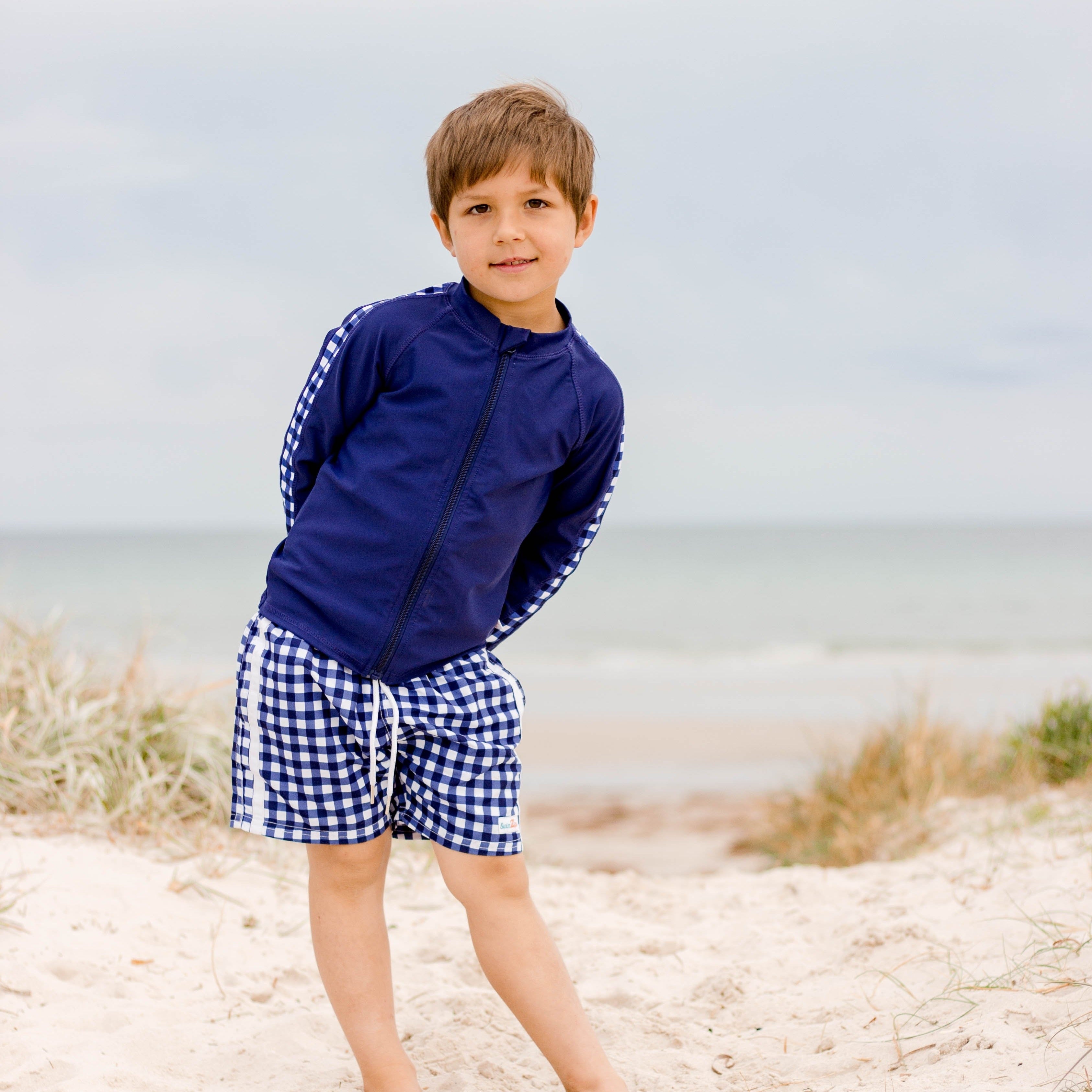 Boys Long Sleeve Zipper Rash Guard and Swim Trunk Set | "Navy Gingham"-SwimZip UPF 50+ Sun Protective Swimwear & UV Zipper Rash Guards-pos2