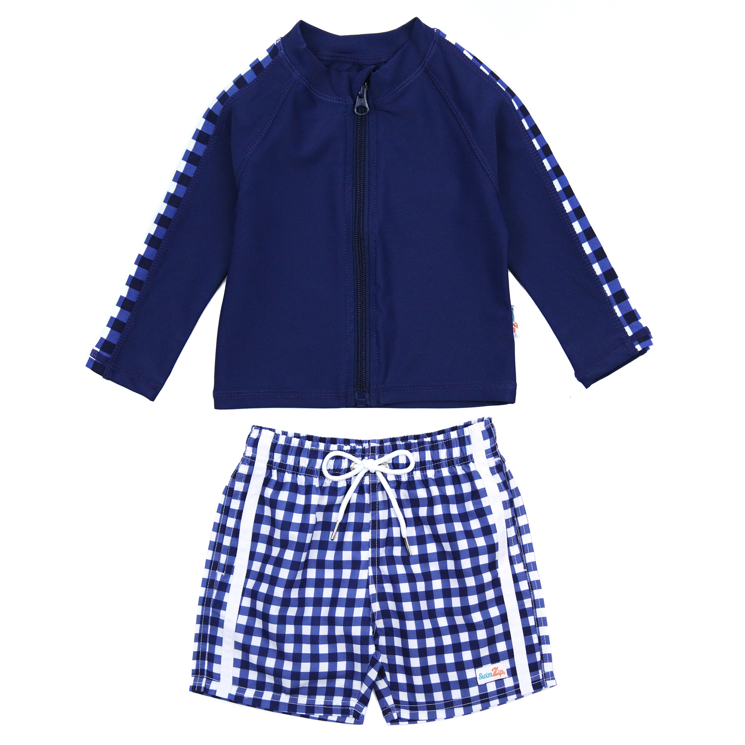 Boys Long Sleeve Zipper Rash Guard and Swim Trunk Set | "Navy Gingham"-SwimZip UPF 50+ Sun Protective Swimwear & UV Zipper Rash Guards-pos1