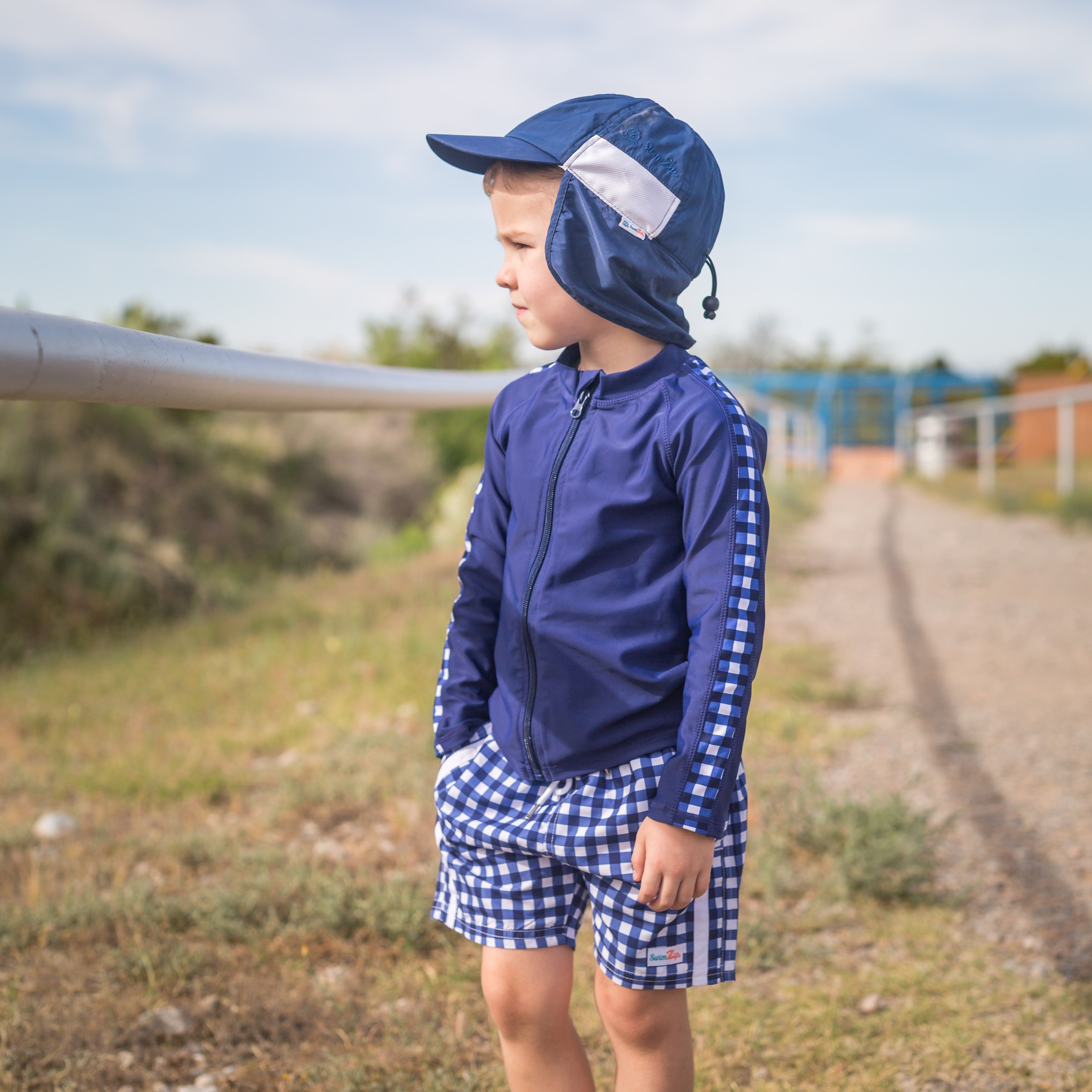 Boys Long Sleeve Zipper Rash Guard and Swim Trunk Set | "Navy Gingham"-SwimZip UPF 50+ Sun Protective Swimwear & UV Zipper Rash Guards-pos9