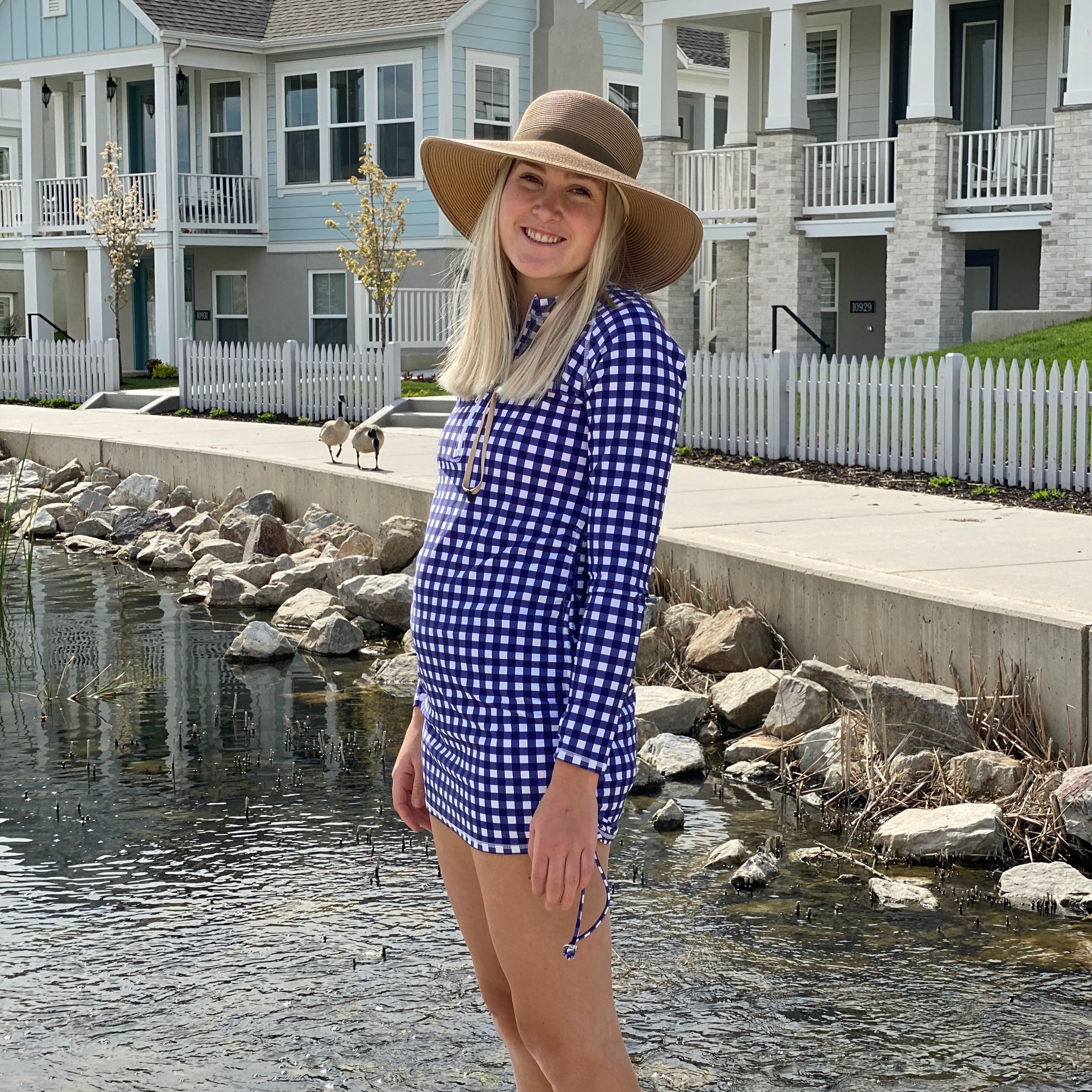 Women's Half Zip Swim Dress Cover Up | "Navy Gingham"-SwimZip UPF 50+ Sun Protective Swimwear & UV Zipper Rash Guards-pos5