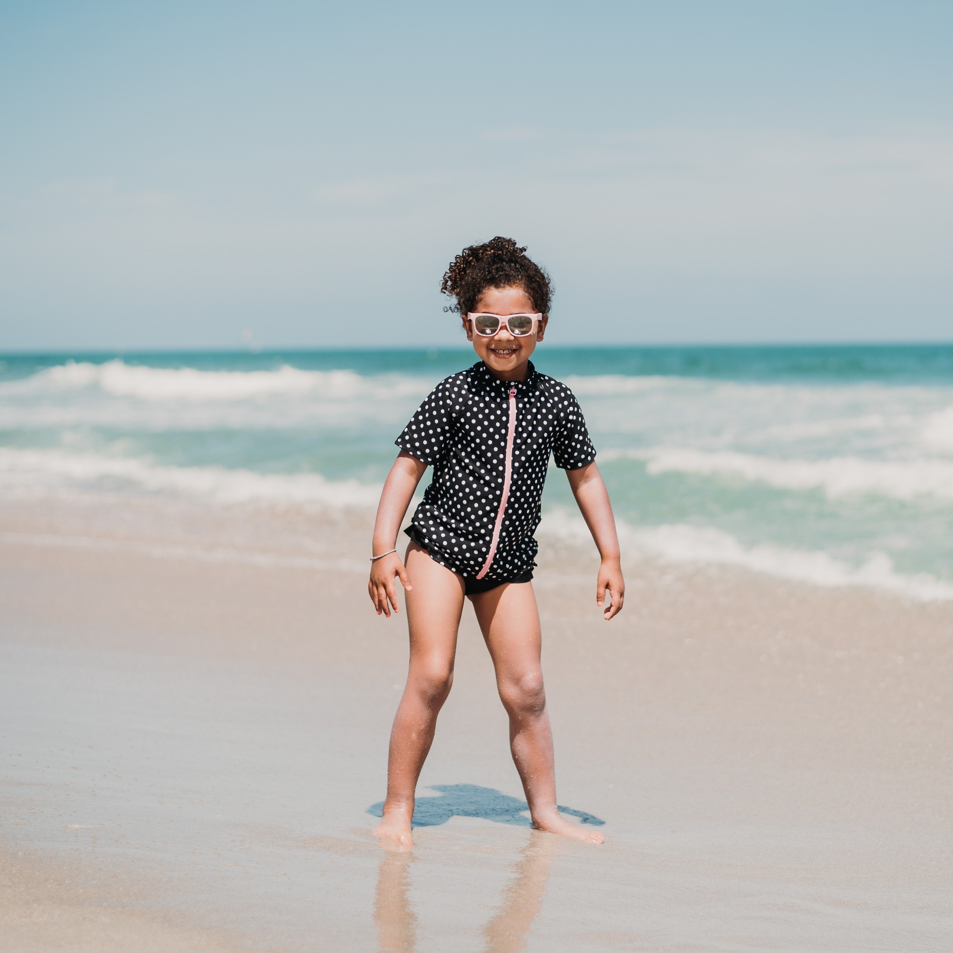 Girls Short Sleeve Rash Guard Swimsuit Set (2 Piece) - "Black Polka Dot"-SwimZip UPF 50+ Sun Protective Swimwear & UV Zipper Rash Guards-pos3