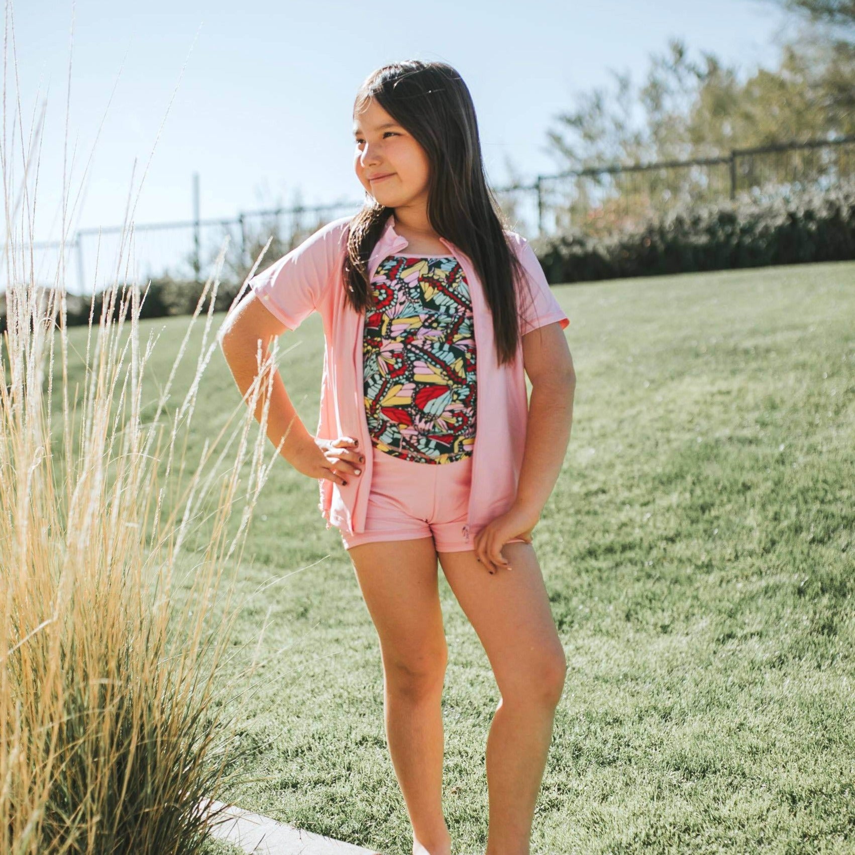 Girls Short Sleeve Rash Guard + Tankini Shorts Set (3 Piece) - "Butterfly Love"-SwimZip UPF 50+ Sun Protective Swimwear & UV Zipper Rash Guards-pos3