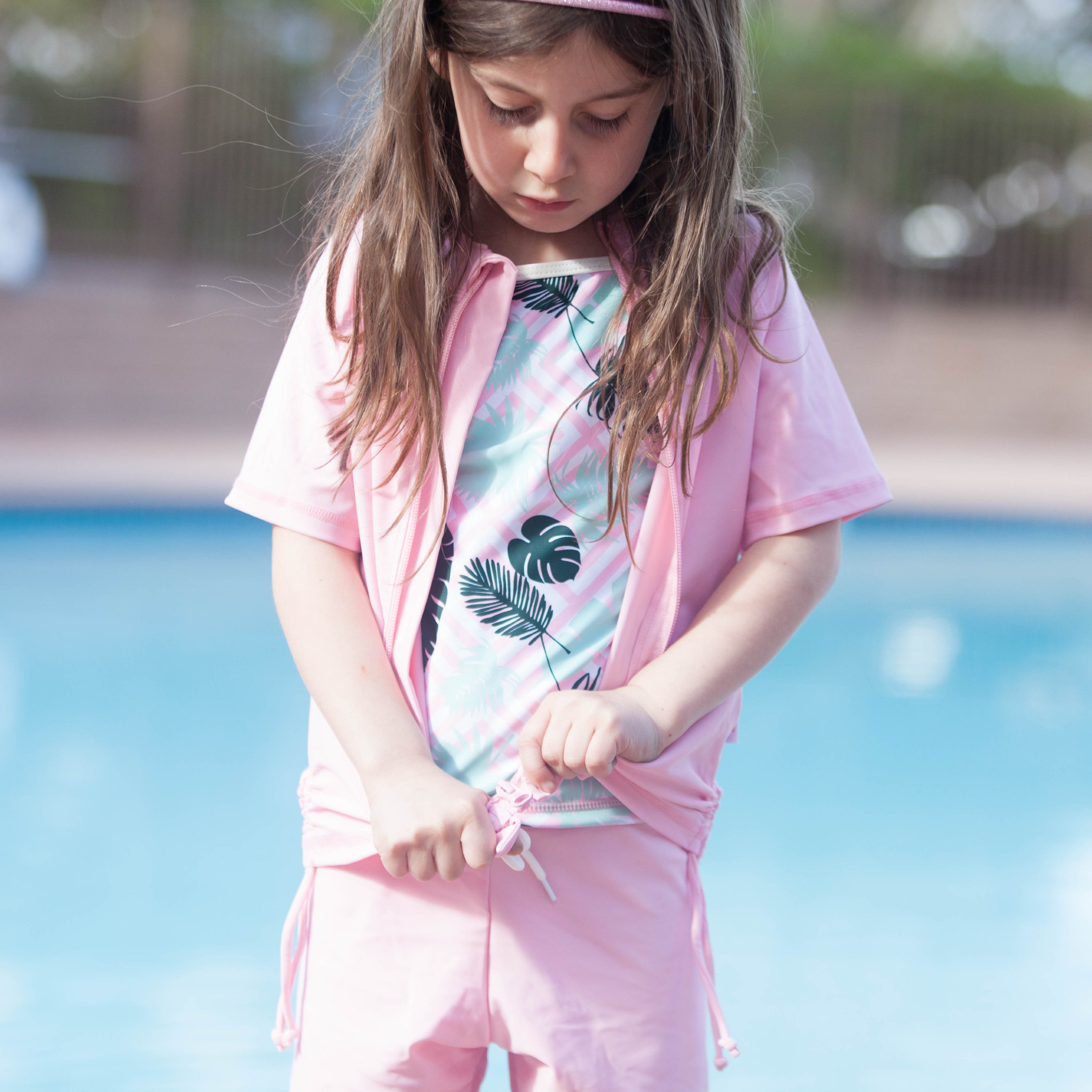 Girls Short Sleeve Rash Guard + Tankini Shorts Set (3 Piece) - "Palm Breeze"-SwimZip UPF 50+ Sun Protective Swimwear & UV Zipper Rash Guards-pos2