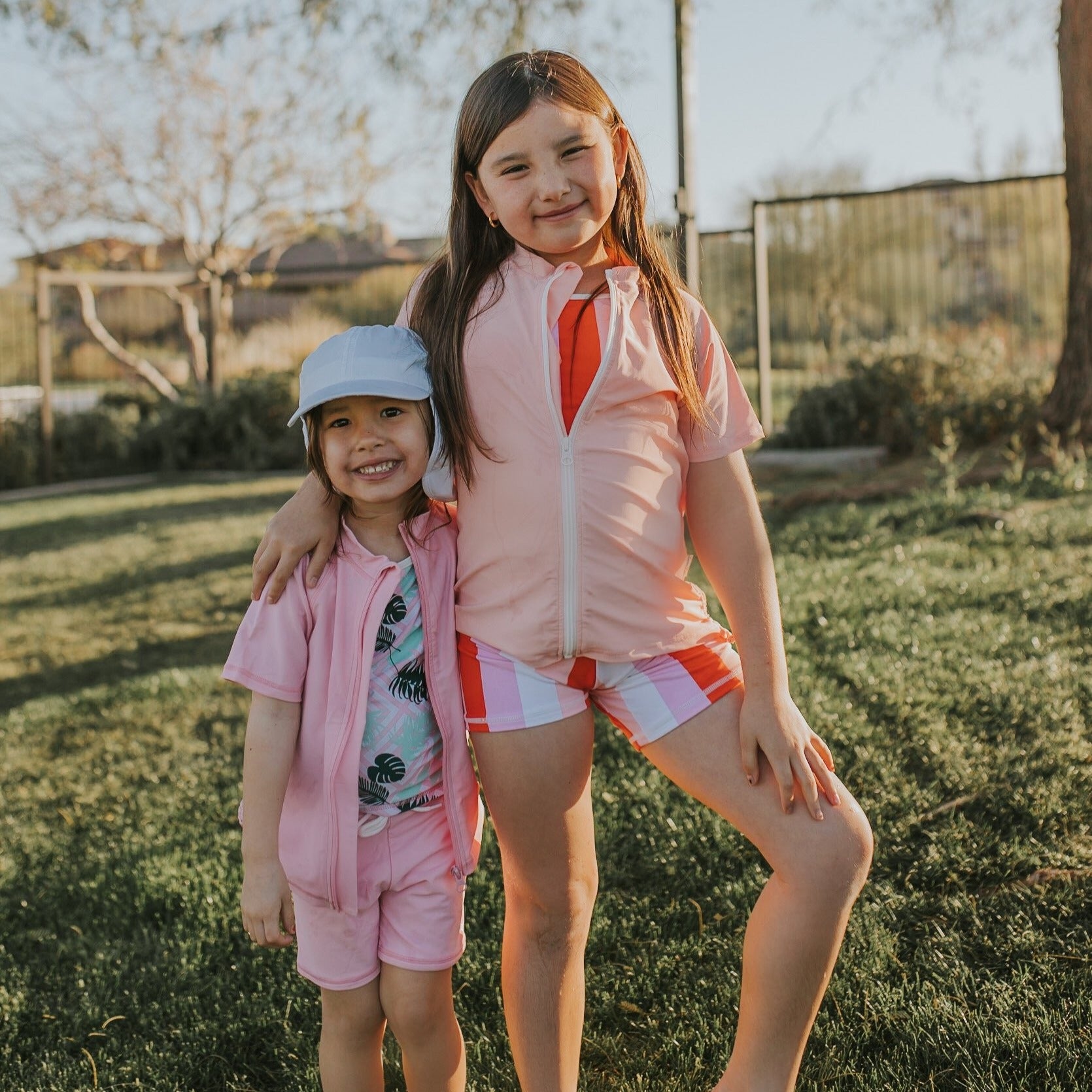 Girls Short Sleeve Rash Guard + Tankini Shorts Set (3 Piece) - "Peachy Stripes"-SwimZip UPF 50+ Sun Protective Swimwear & UV Zipper Rash Guards-pos8