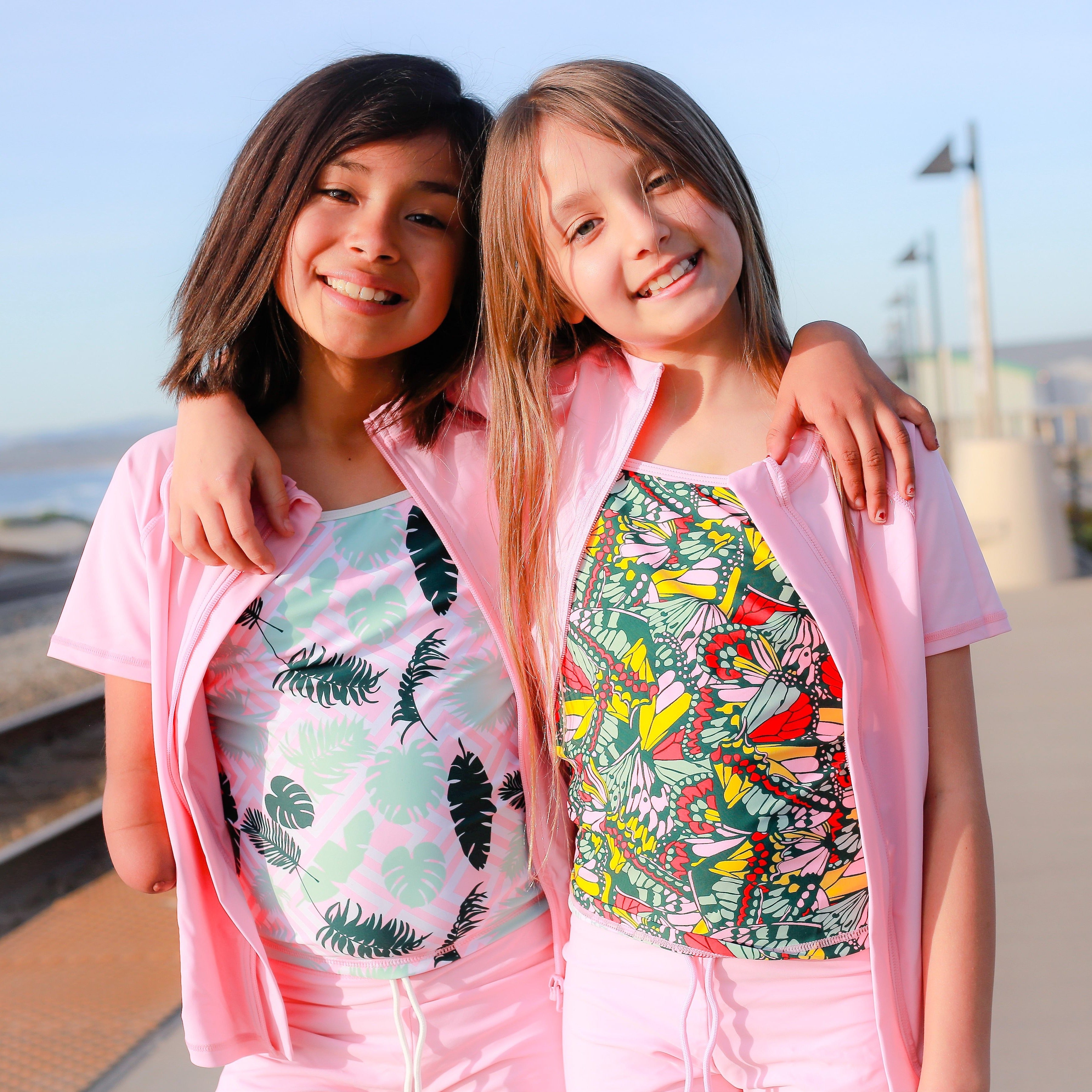 Girls Short Sleeve Rash Guard + Tankini Shorts Set (3 Piece) - "Butterfly Love"-SwimZip UPF 50+ Sun Protective Swimwear & UV Zipper Rash Guards-pos5