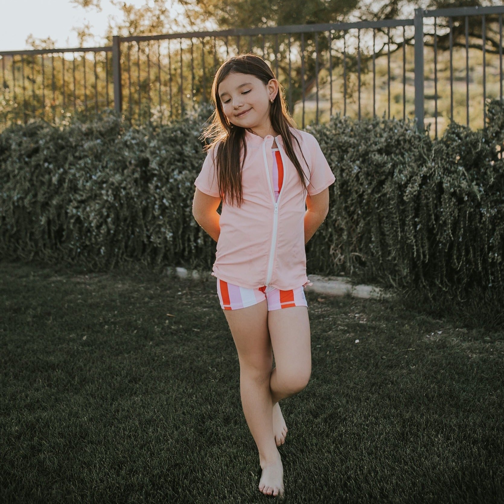 Girls Short Sleeve Rash Guard + Tankini Shorts Set (3 Piece) - "Peachy Stripes"-SwimZip UPF 50+ Sun Protective Swimwear & UV Zipper Rash Guards-pos3