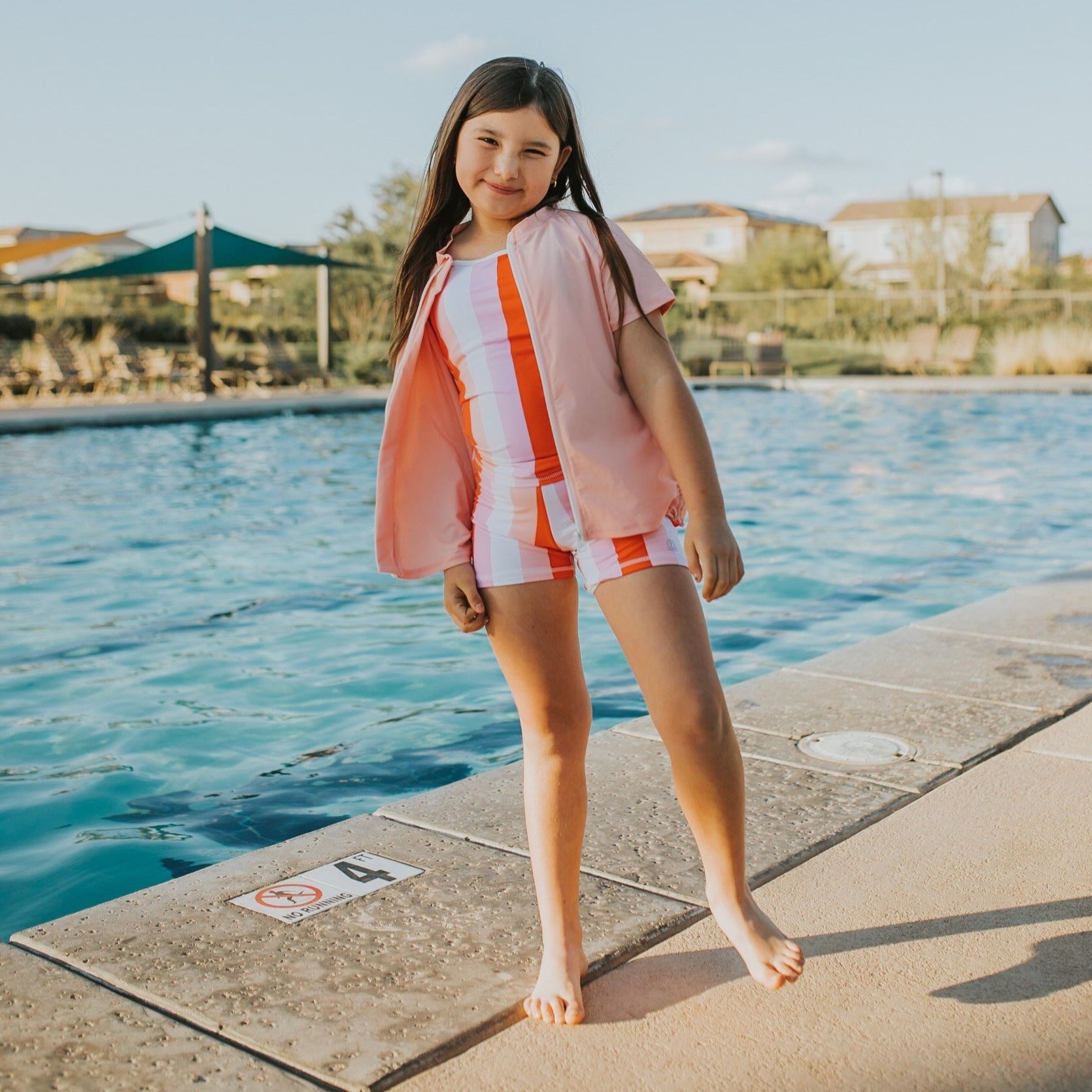 Girls Short Sleeve Rash Guard + Tankini Shorts Set (3 Piece) - "Peachy Stripes"-SwimZip UPF 50+ Sun Protective Swimwear & UV Zipper Rash Guards-pos2