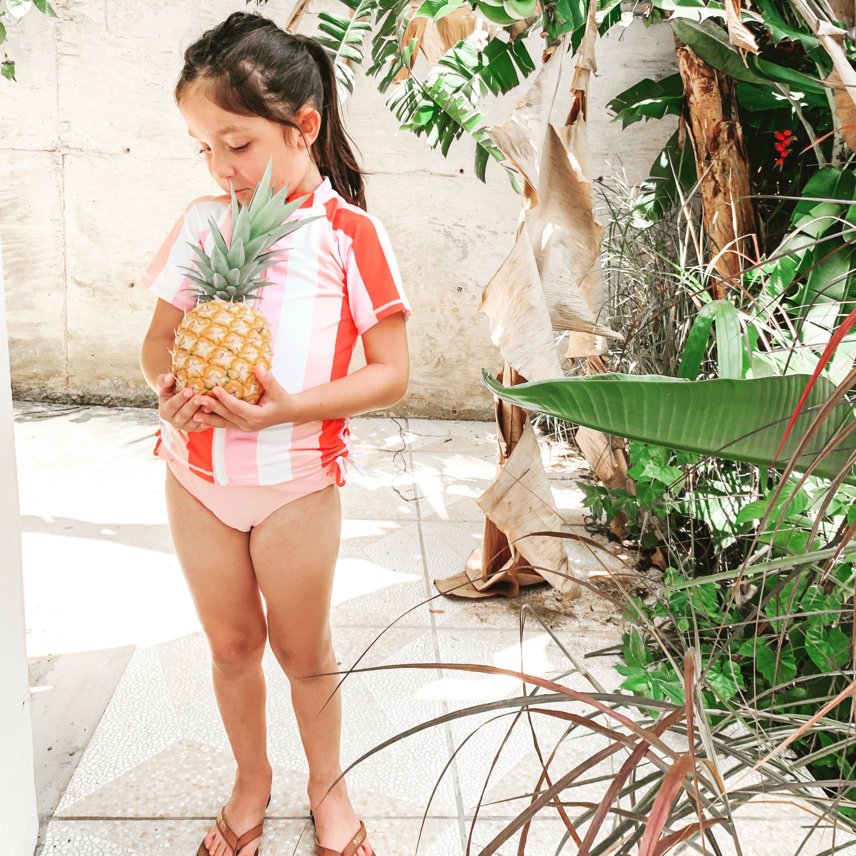 Girls Short Sleeve Rash Guard Swimsuit Set (2 Piece) - "Peachy Stripes"-SwimZip UPF 50+ Sun Protective Swimwear & UV Zipper Rash Guards-pos2