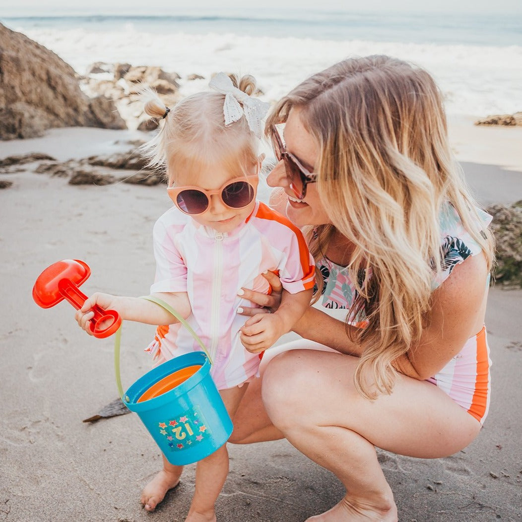 Girls Short Sleeve Rash Guard Swimsuit Set (2 Piece) - "Peachy Stripes"-SwimZip UPF 50+ Sun Protective Swimwear & UV Zipper Rash Guards-pos3