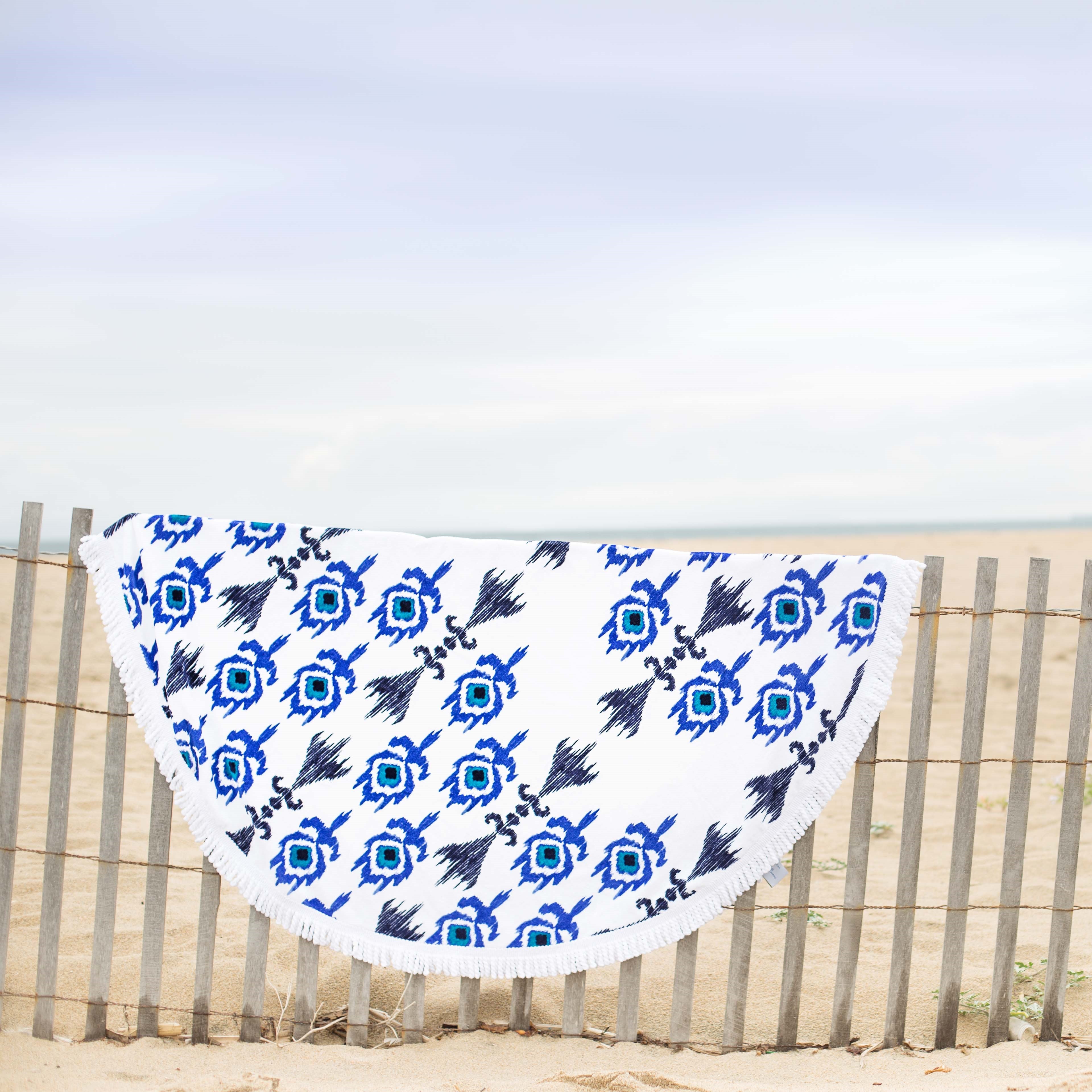 Round Blue and White Beach Towel | "Globe Trotter"-SwimZip UPF 50+ Sun Protective Swimwear & UV Zipper Rash Guards-pos7